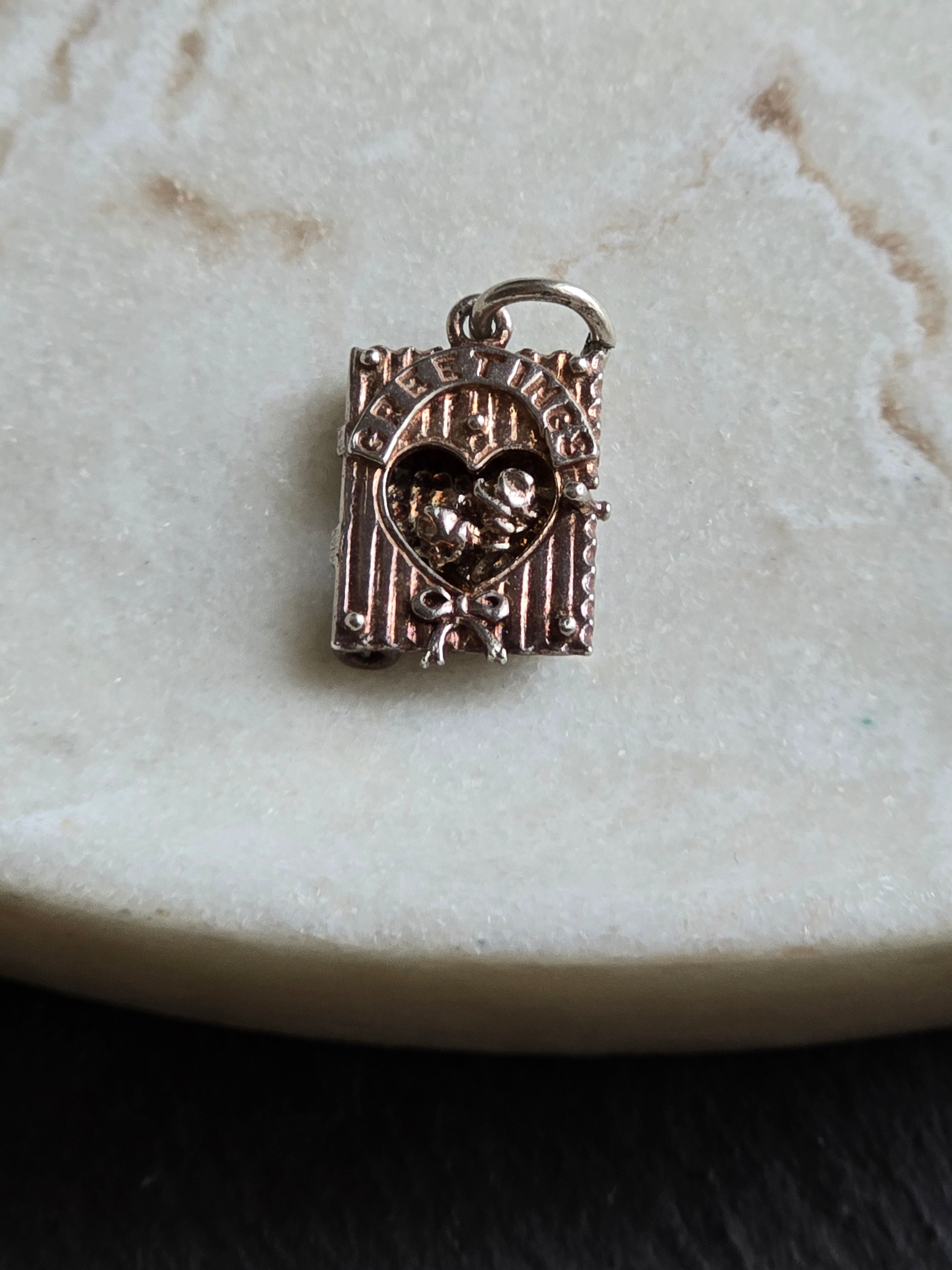Vintage Sterling Silver Rose Greetings Card Charm - Charm Opens