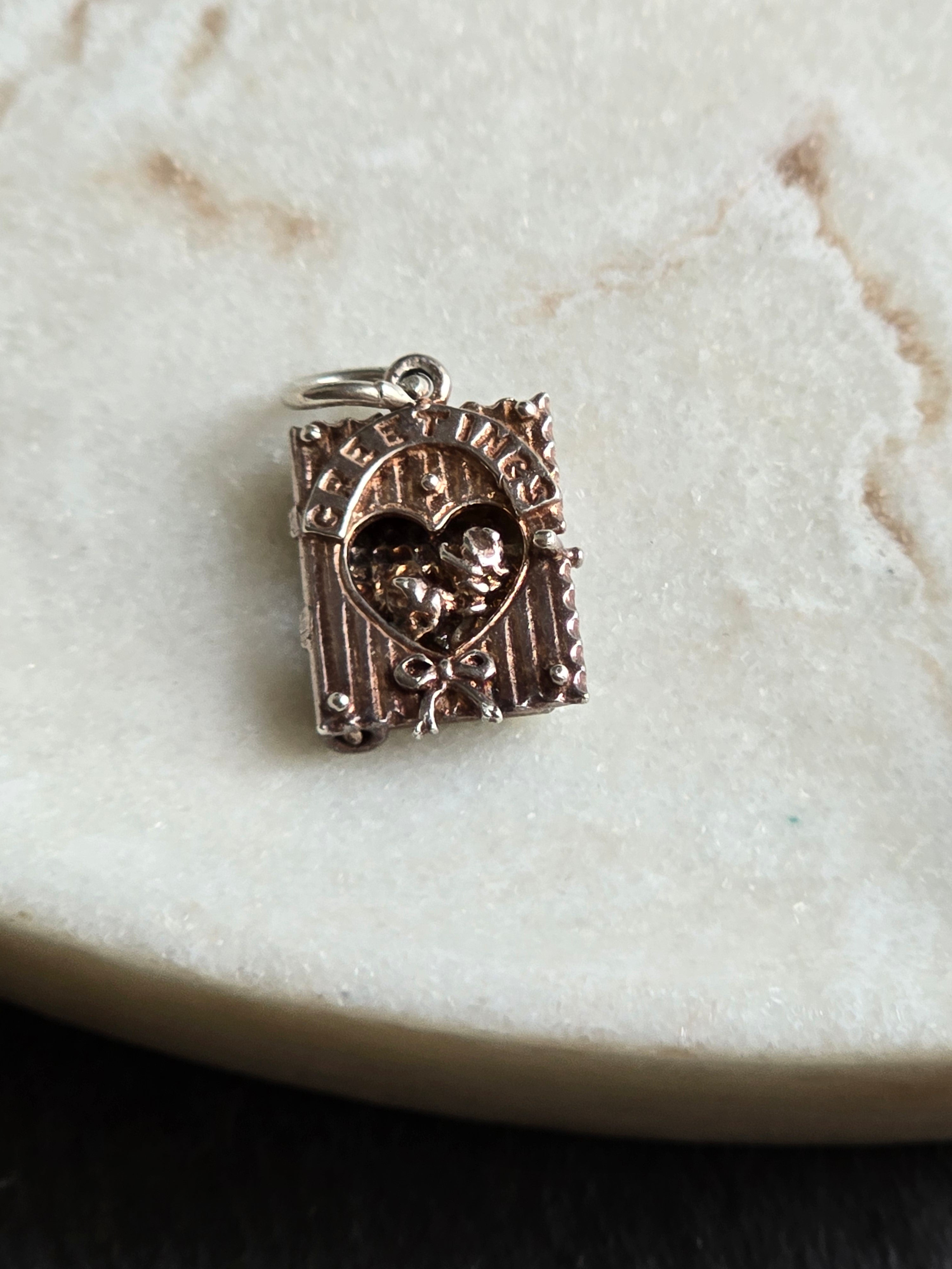 Vintage Sterling Silver Rose Greetings Card Charm - Charm Opens