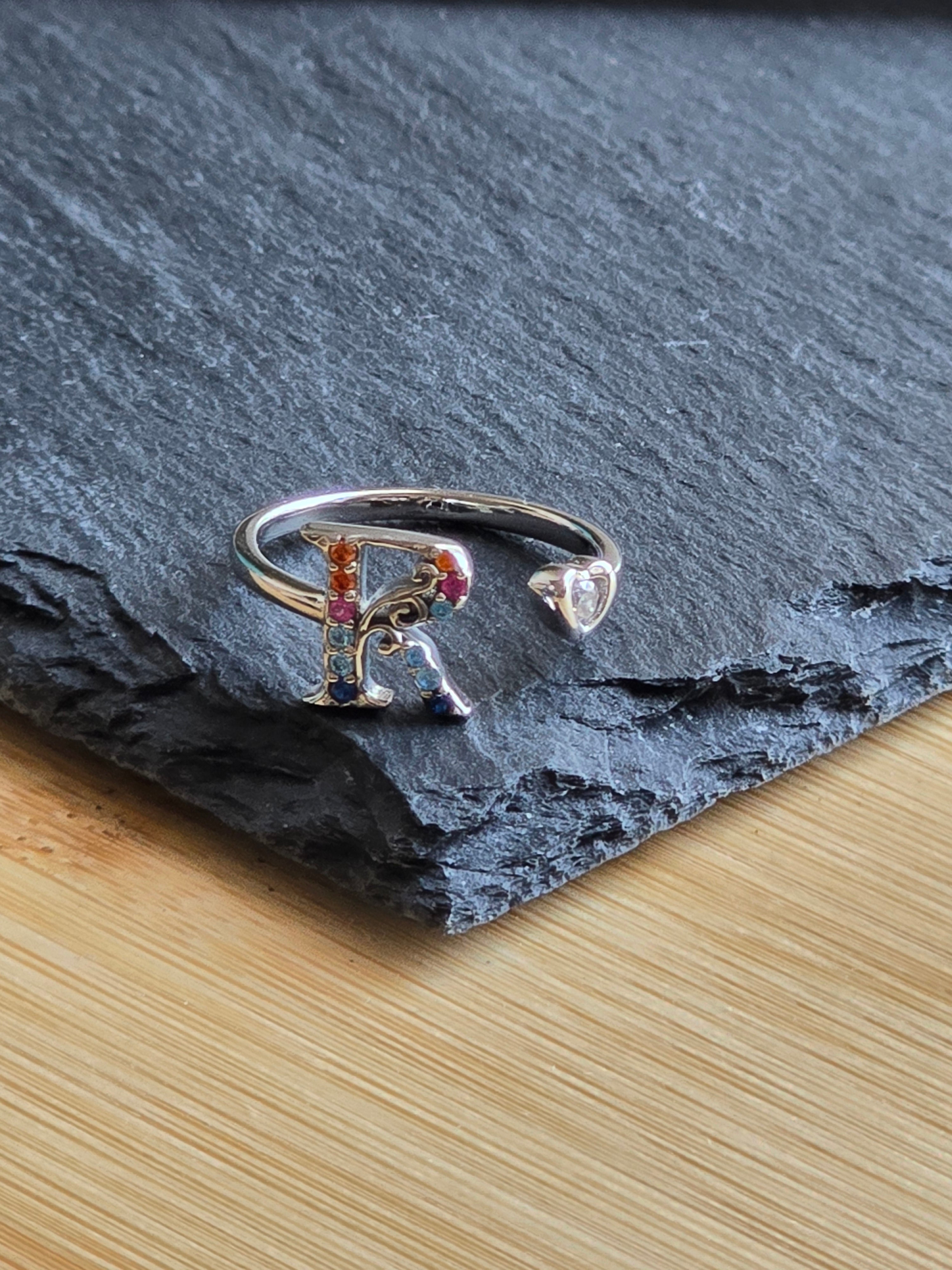 Sterling Silver Initial R Heart Adjustable Ring