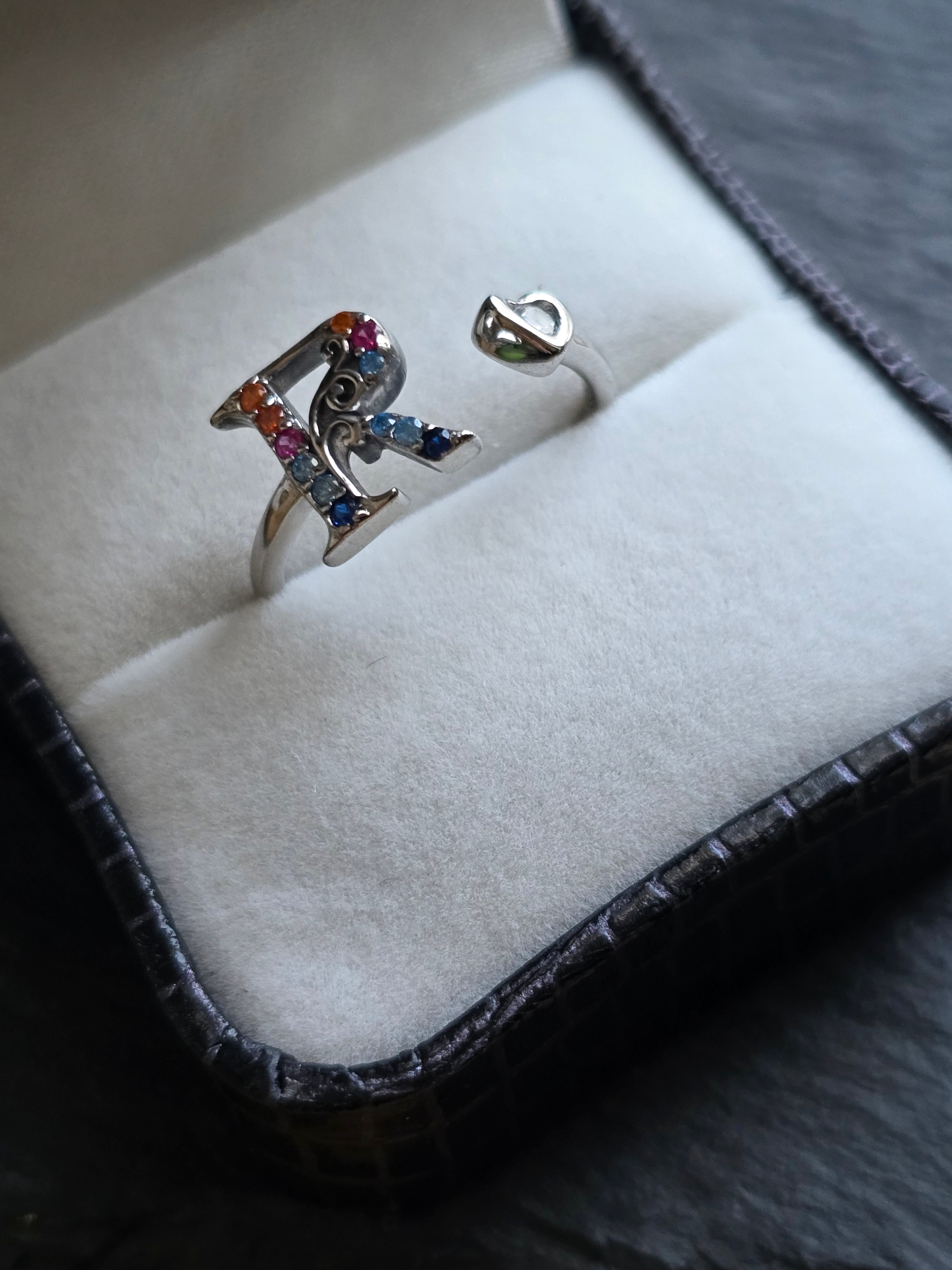 Sterling Silver Initial R Heart Adjustable Ring