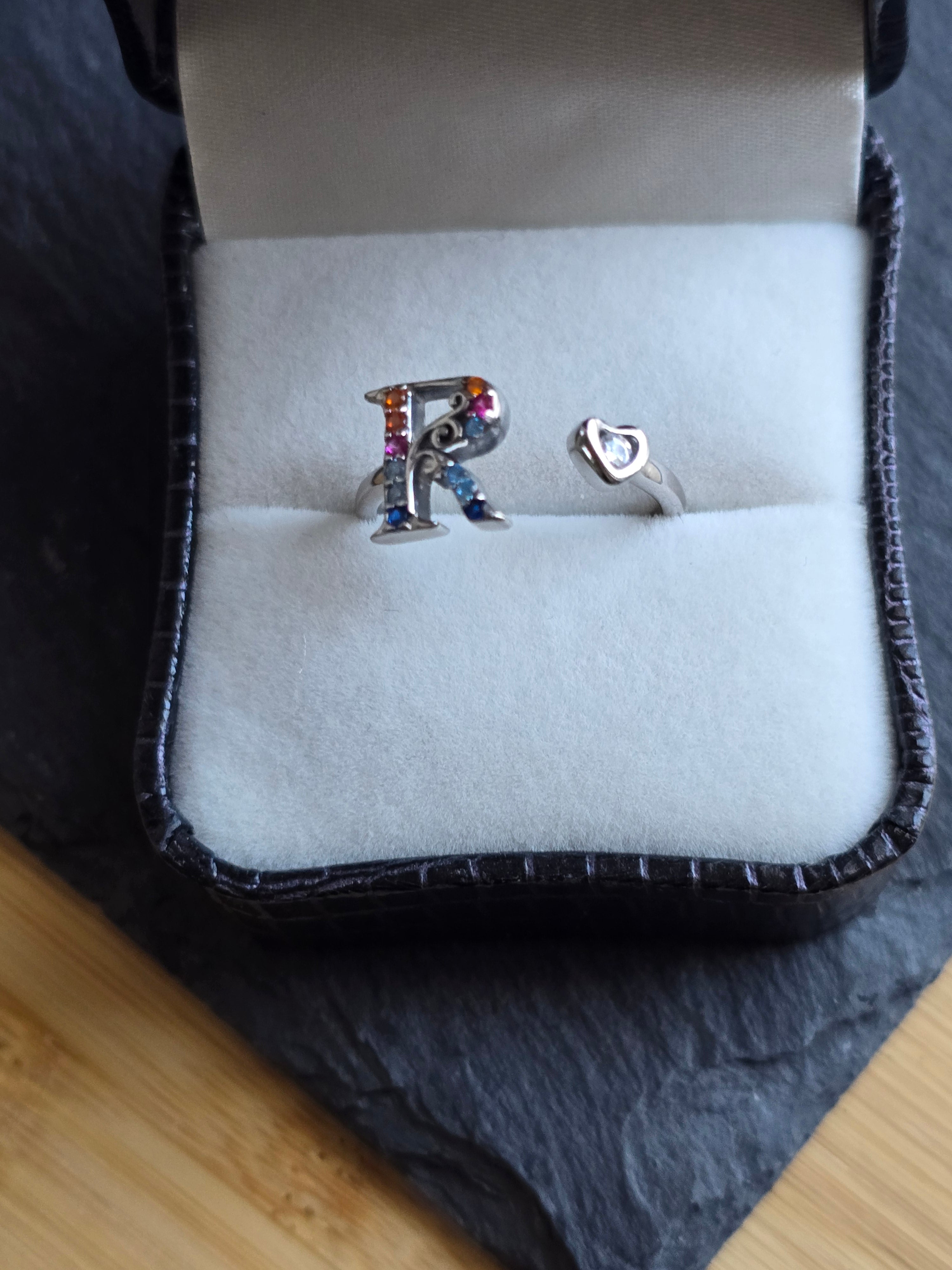 Sterling Silver Initial R Heart Adjustable Ring