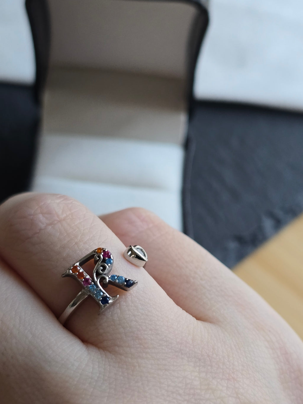 Sterling Silver Initial R Heart Adjustable Ring