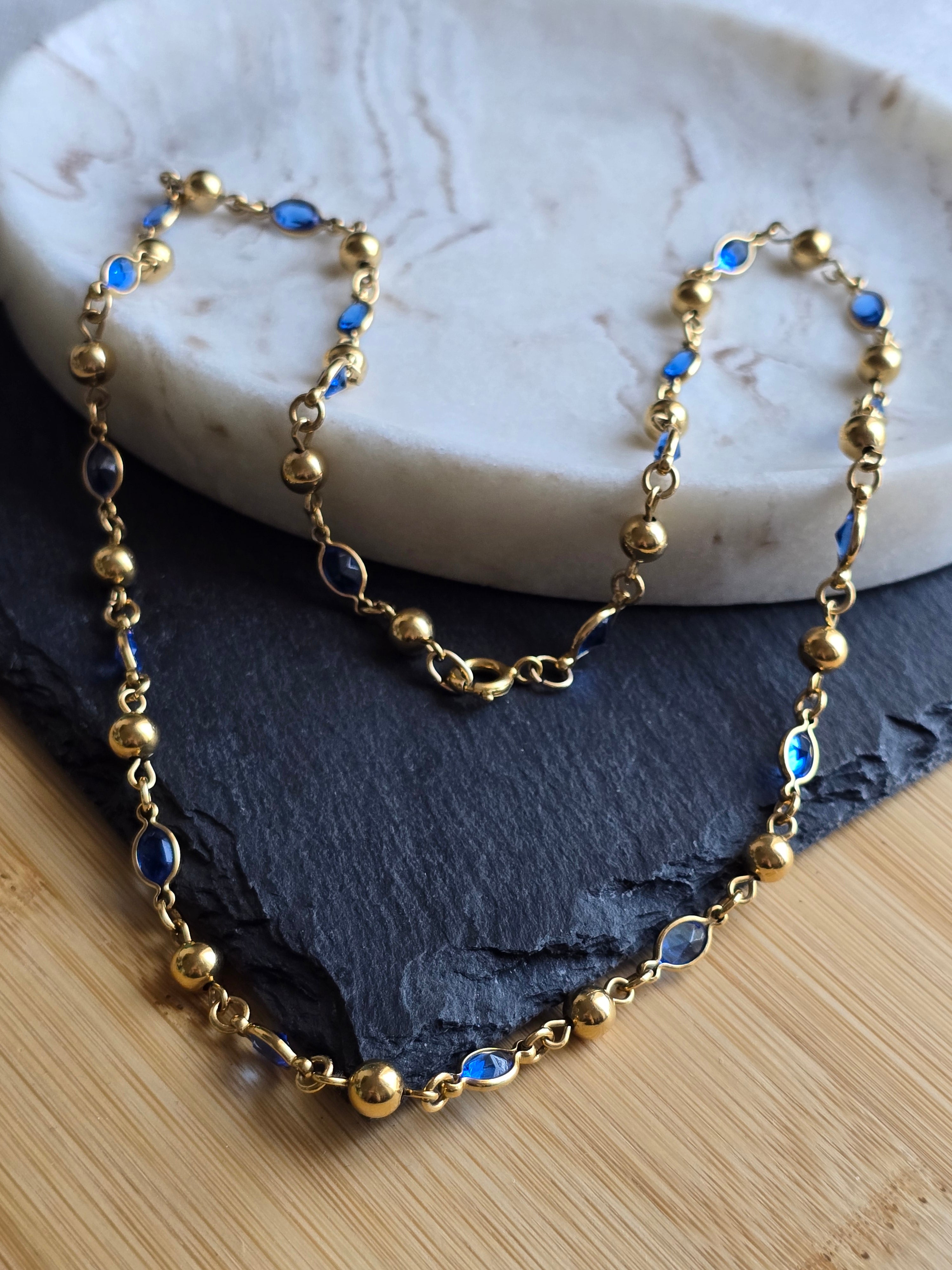Vintage Blue Crystal Glass Bezel & Gold Tone Bead Chain Necklace