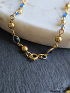 Vintage Blue Crystal Glass Bezel & Gold Tone Bead Chain Necklace