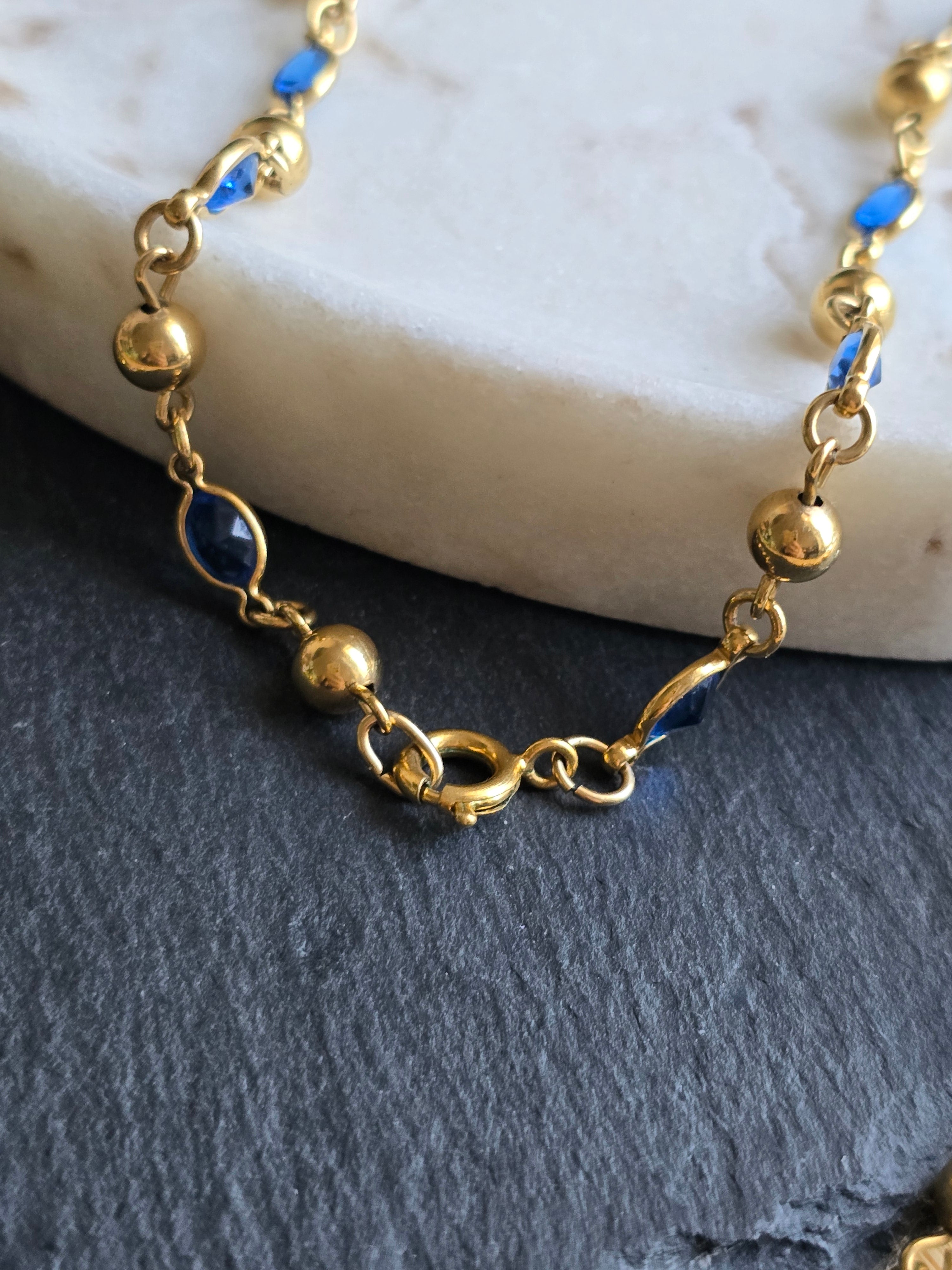 Vintage Blue Crystal Glass Bezel & Gold Tone Bead Chain Necklace