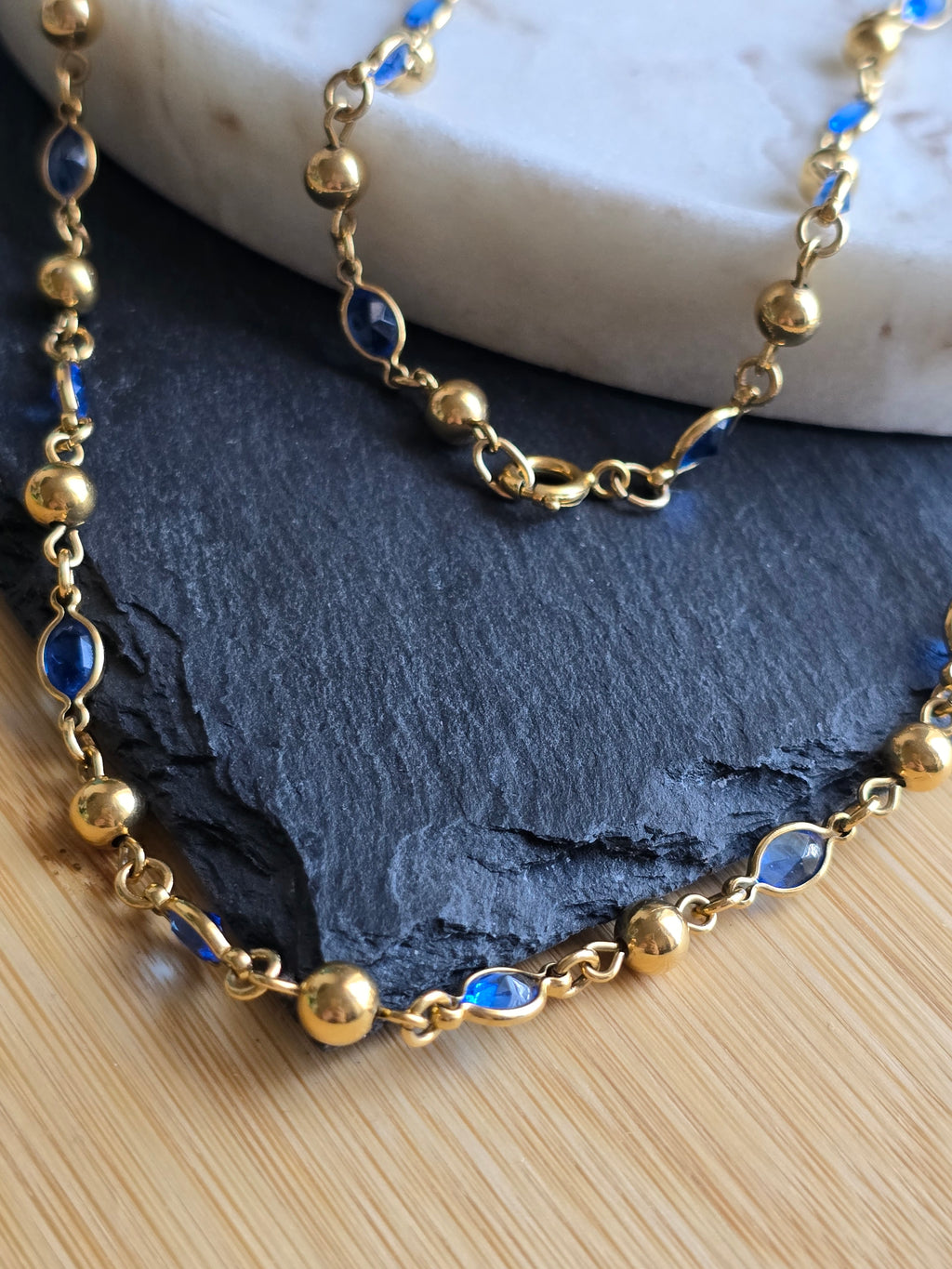 Vintage Blue Crystal Glass Bezel & Gold Tone Bead Chain Necklace