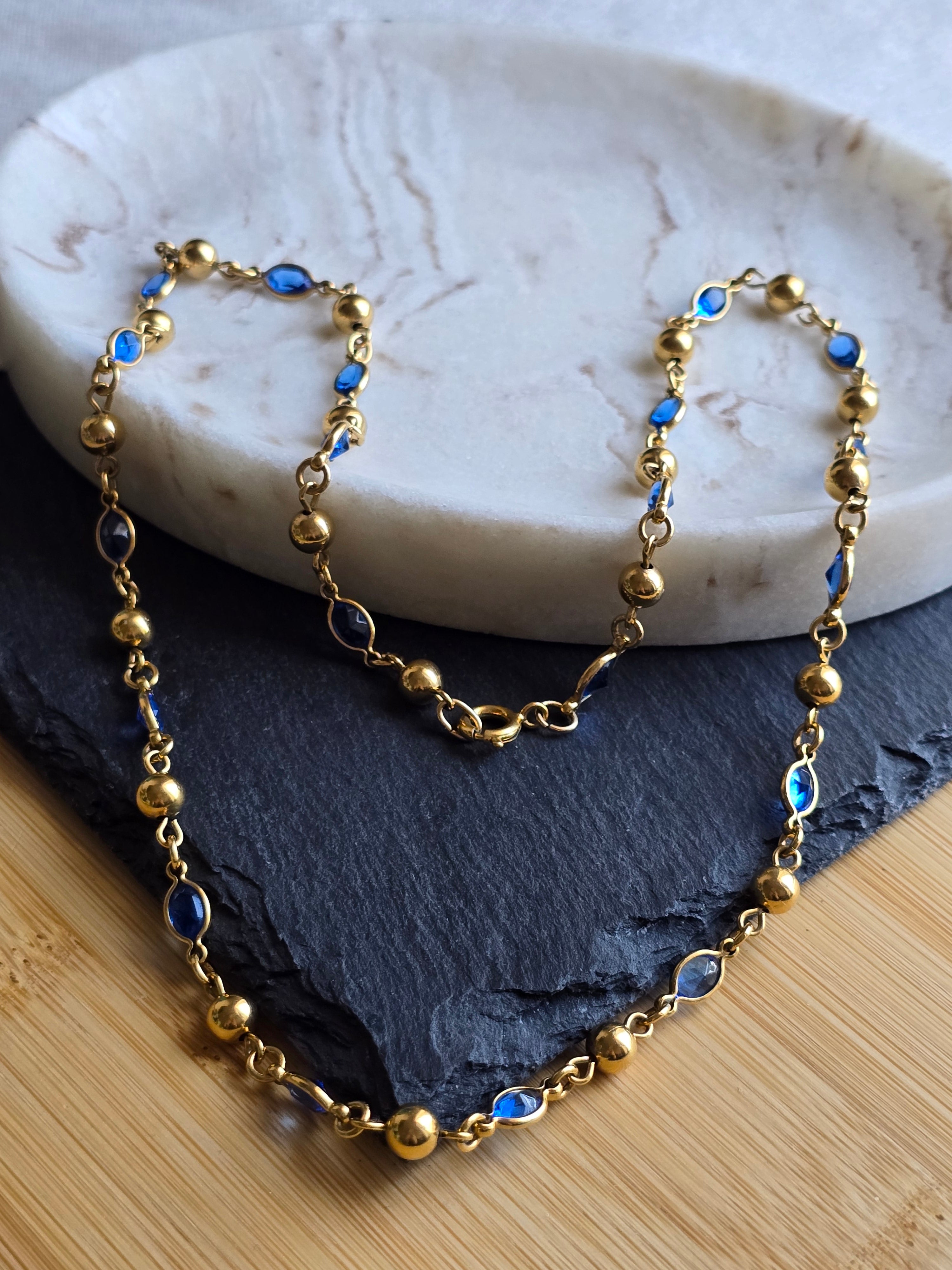 Vintage Blue Crystal Glass Bezel & Gold Tone Bead Chain Necklace