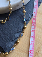 Vintage Blue Crystal Glass Bezel & Gold Tone Bead Chain Necklace