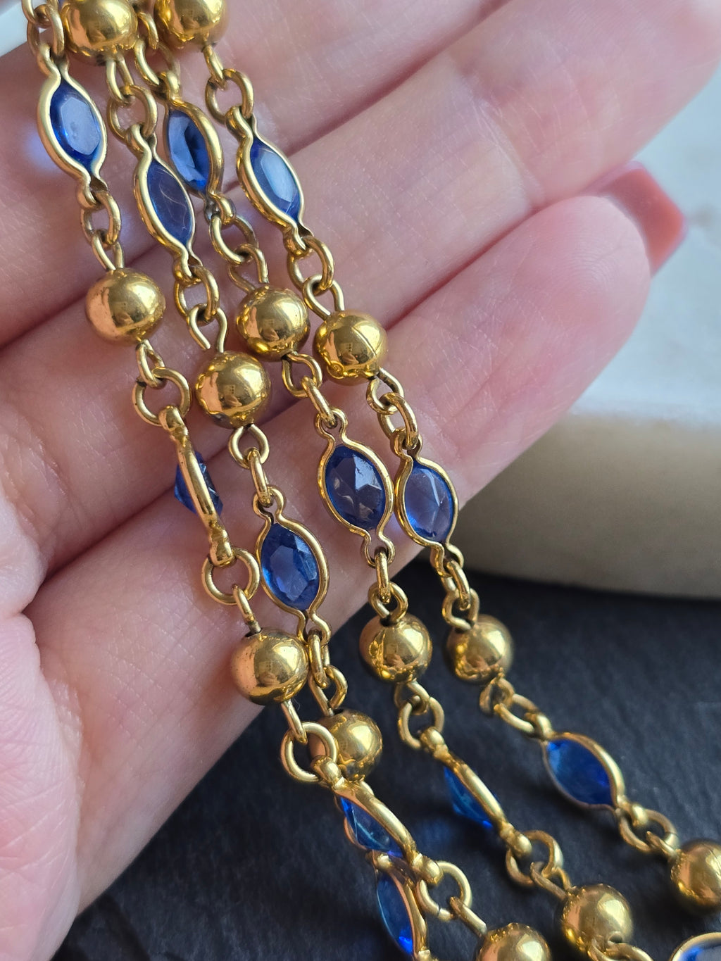 Vintage Blue Crystal Glass Bezel & Gold Tone Bead Chain Necklace