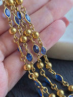 Vintage Blue Crystal Glass Bezel & Gold Tone Bead Chain Necklace