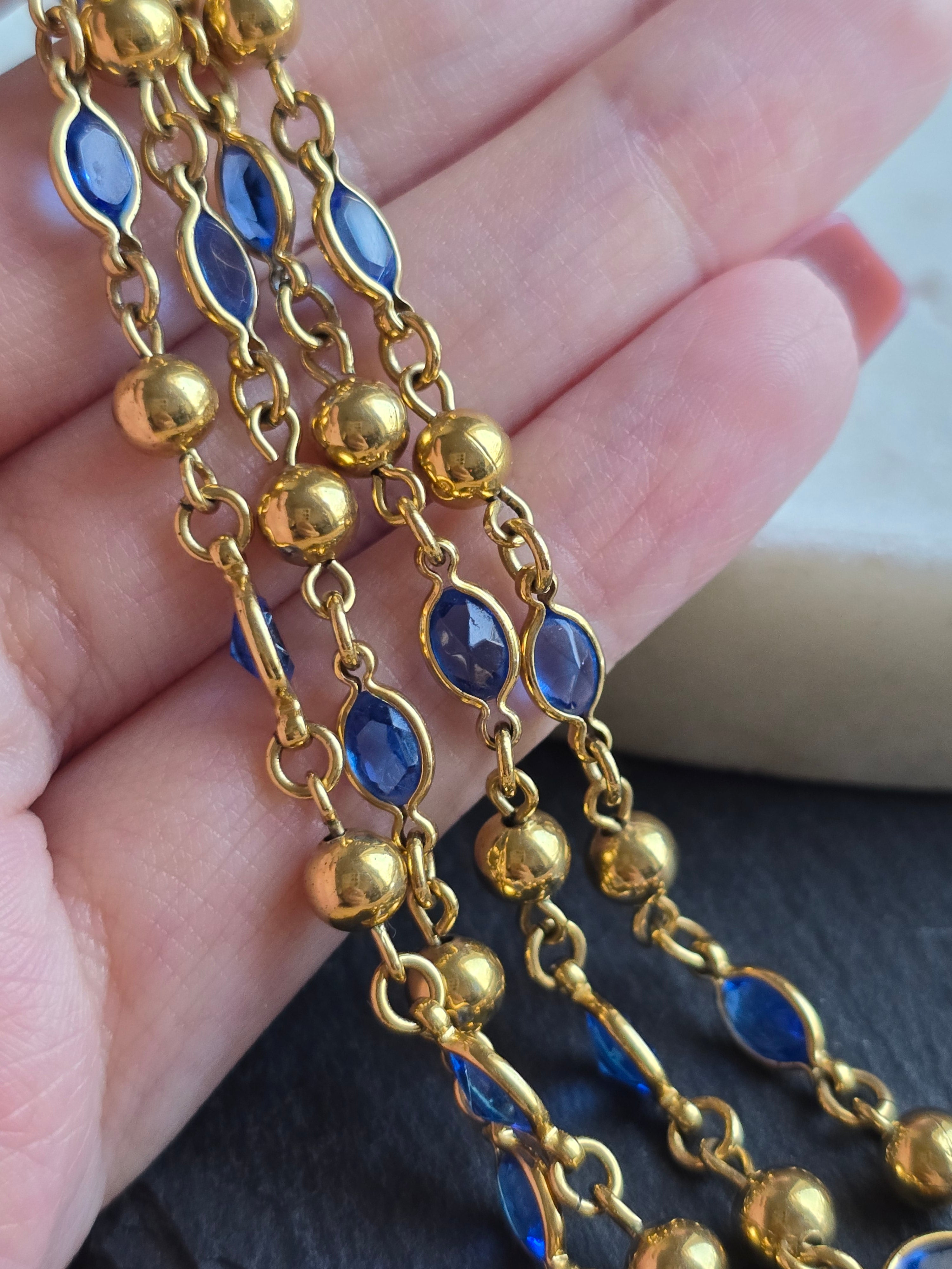 Vintage Blue Crystal Glass Bezel & Gold Tone Bead Chain Necklace