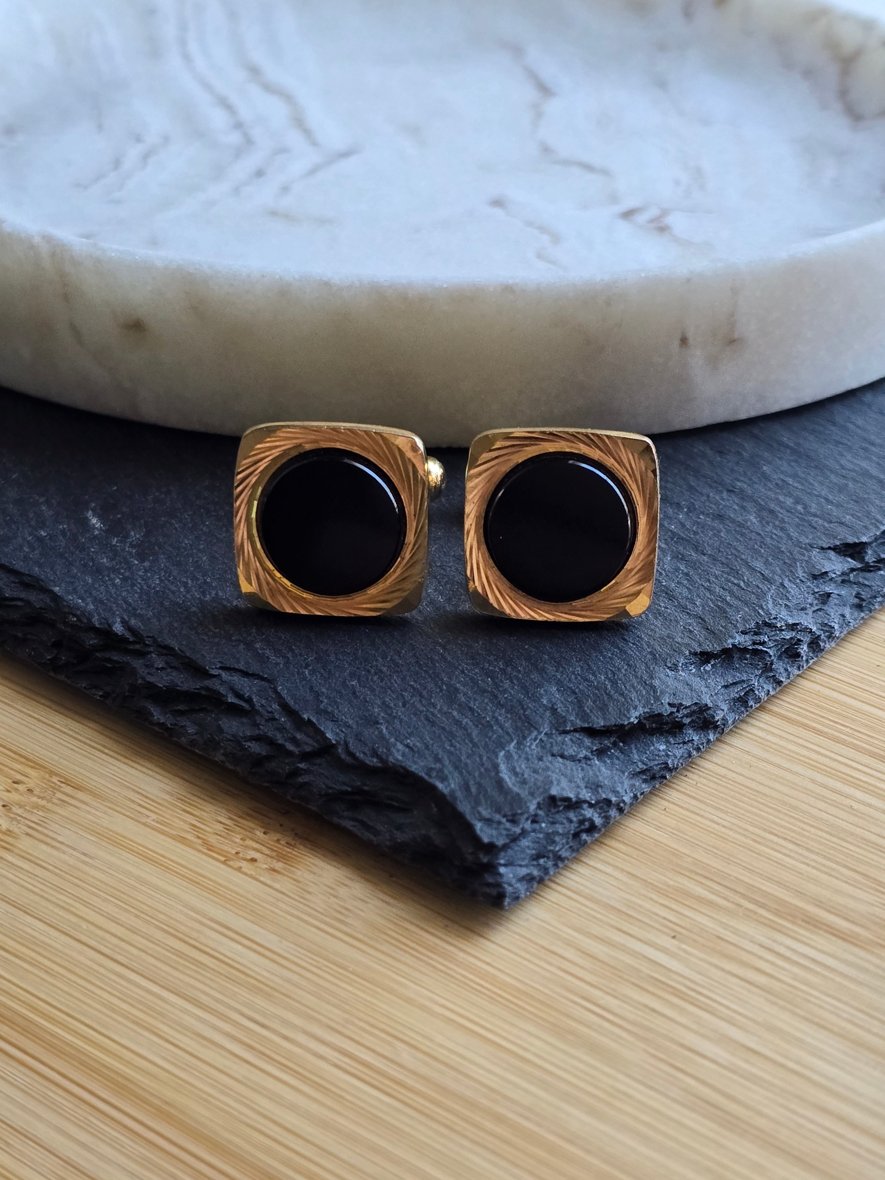 Vintage Classic Black Stone & Gold Tone Men's Cufflinks, Men's Accessories, Jewellery