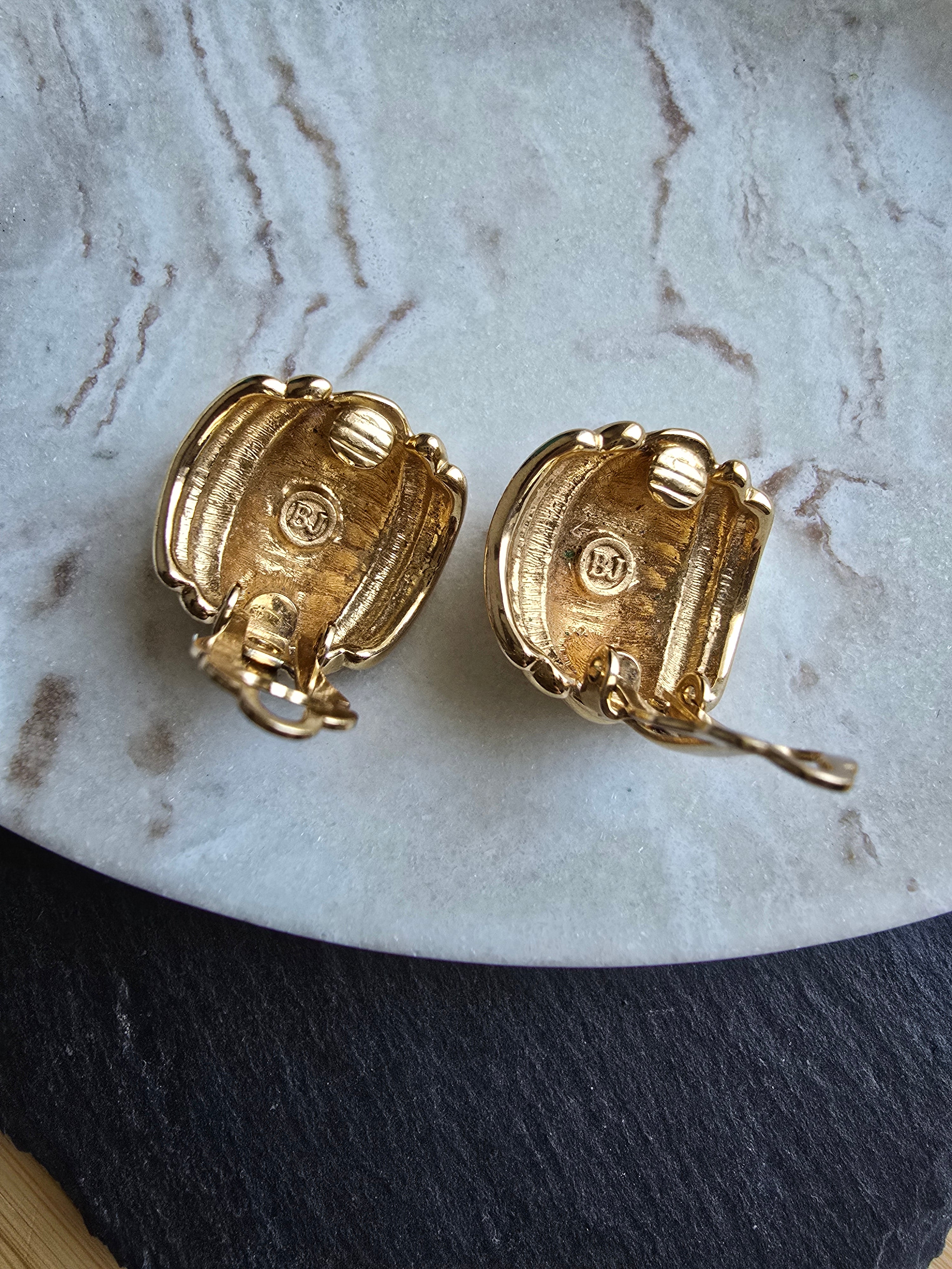 Vintage Chunky Gold Plated Clip On Earrings Signed BJ