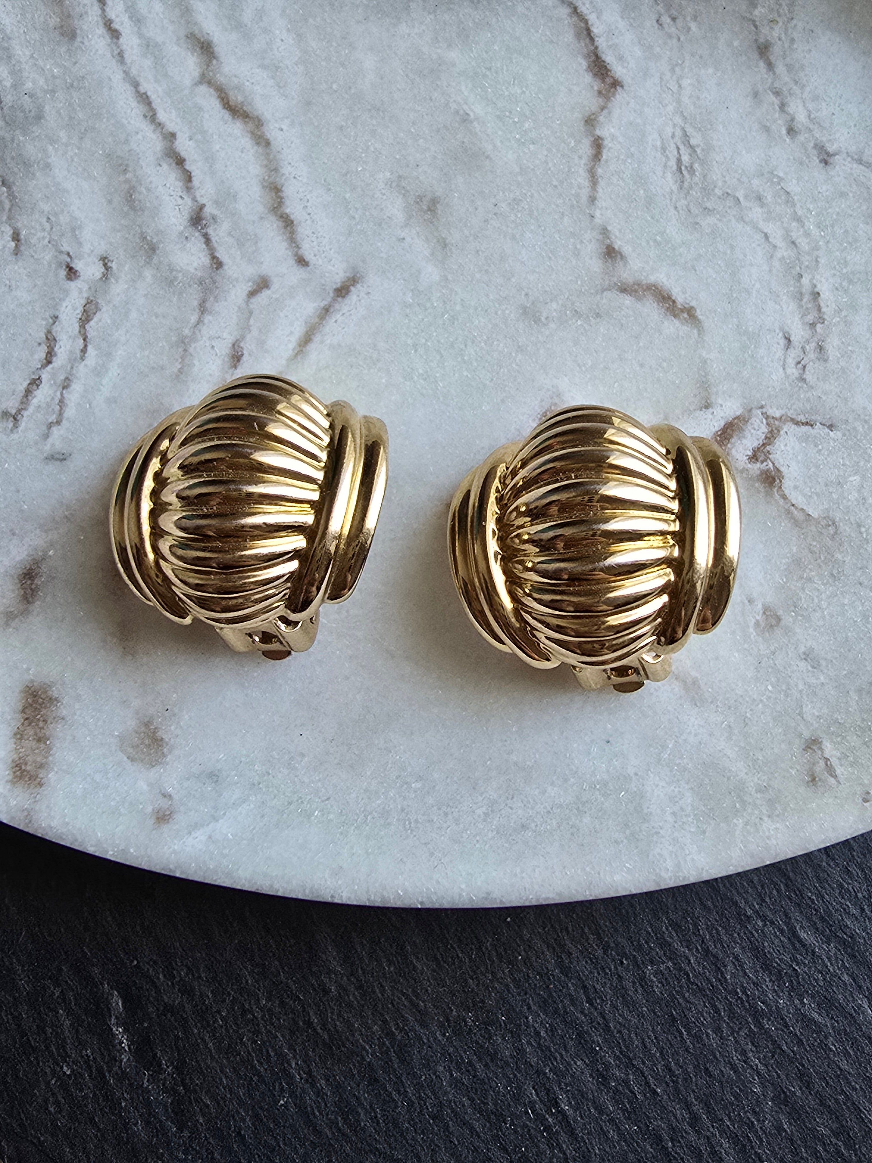 Vintage Chunky Gold Plated Clip On Earrings Signed BJ