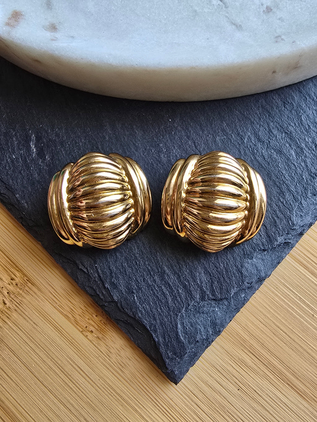 Vintage Chunky Gold Plated Clip On Earrings Signed BJ