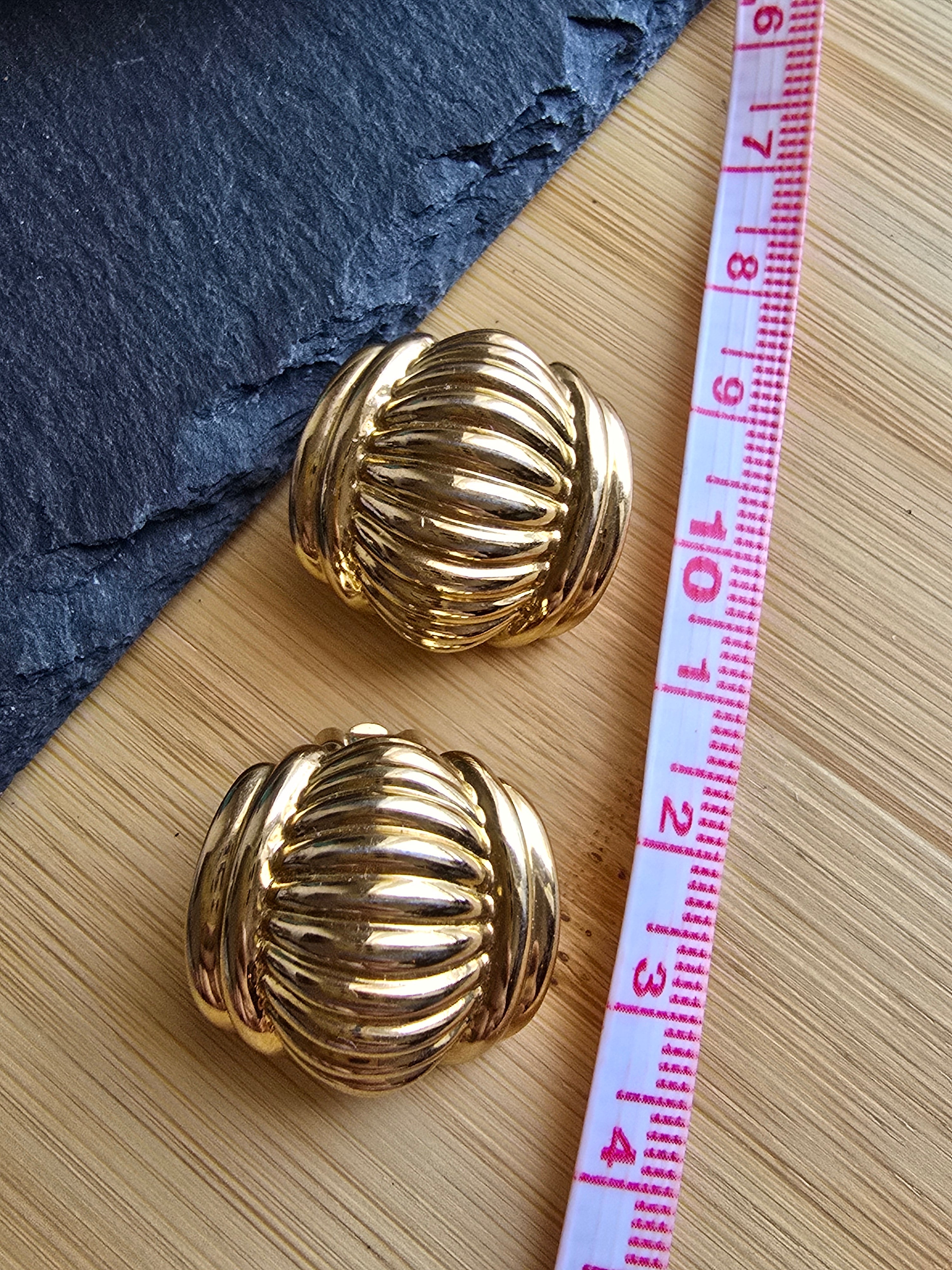 Vintage Chunky Gold Plated Clip On Earrings Signed BJ