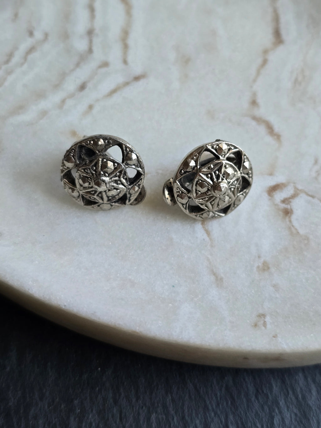 Vintage Silver Tone Faux Marcasite Circle Clip On Earrings