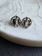Vintage Silver Tone Faux Marcasite Circle Clip On Earrings