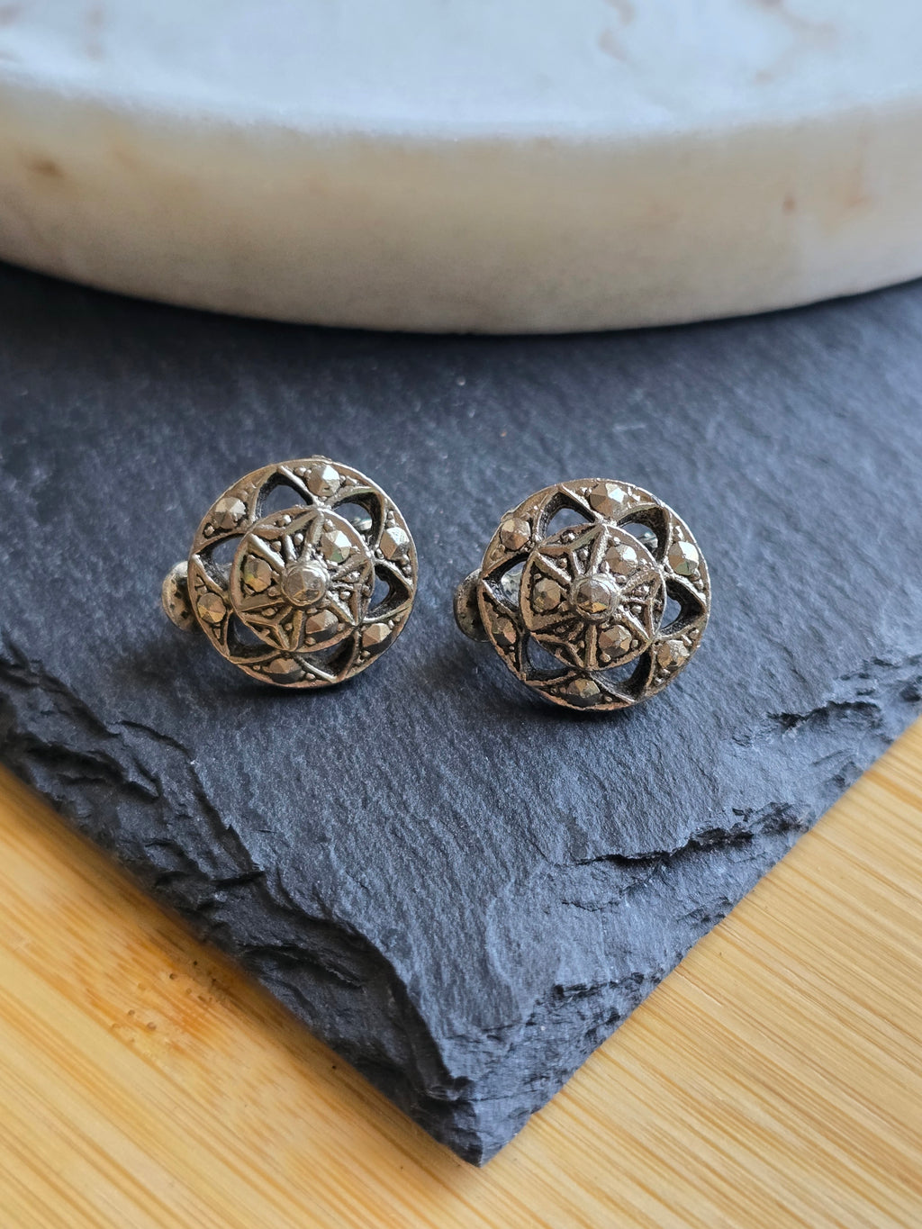 Vintage Silver Tone Faux Marcasite Circle Clip On Earrings