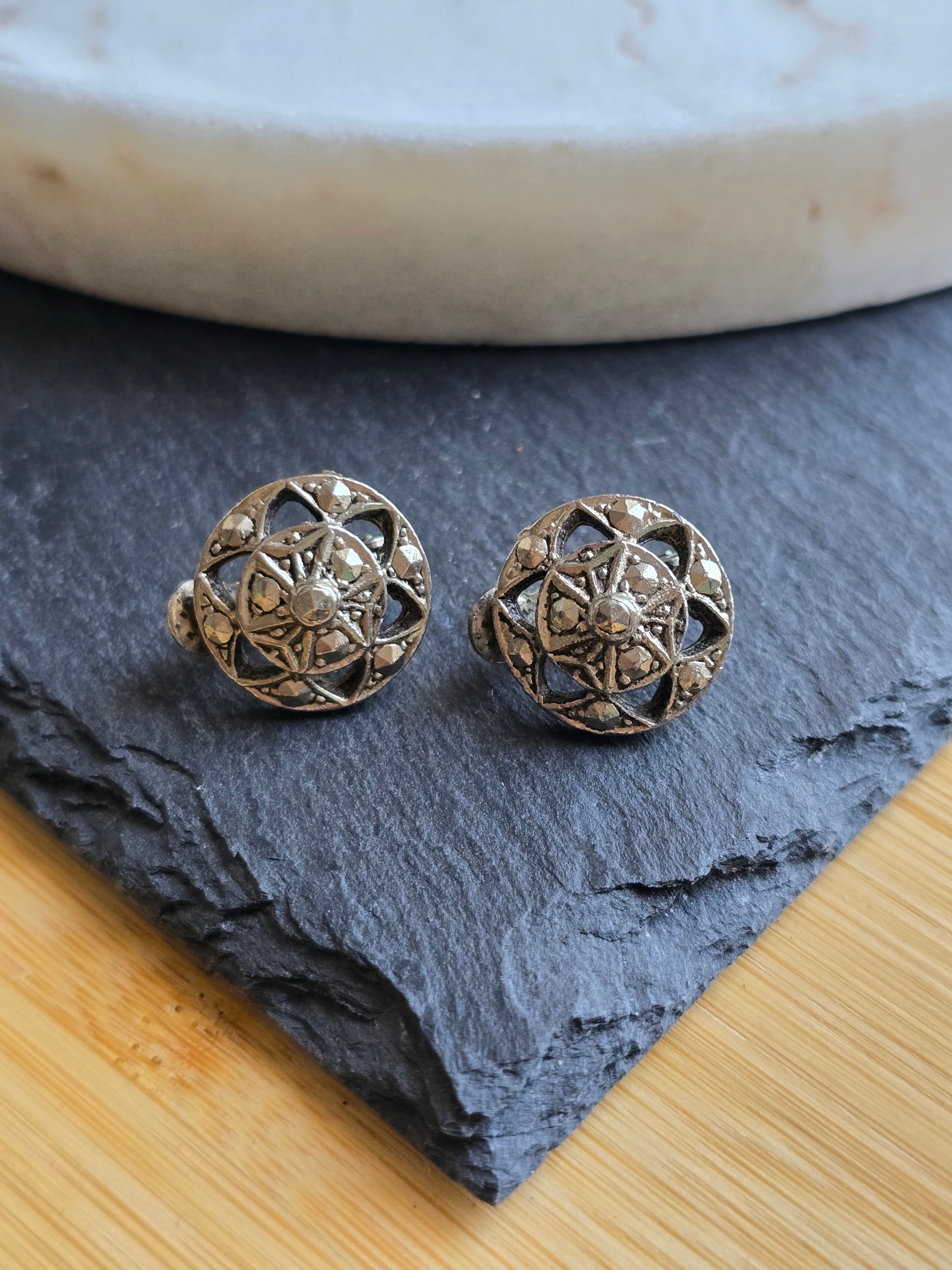 Vintage Silver Tone Faux Marcasite Circle Clip On Earrings