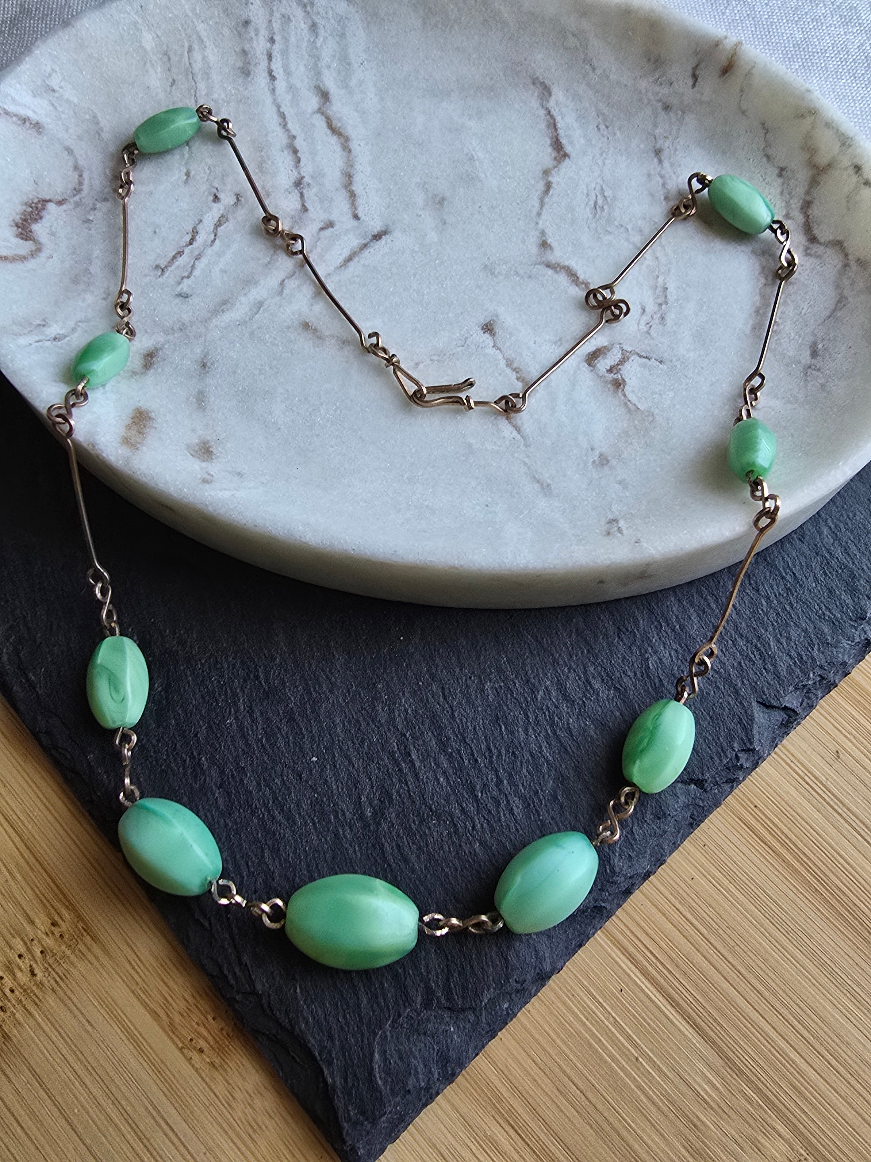 Antique Art Deco Green Satin Glass Bead Rolled Gold Wire Necklace