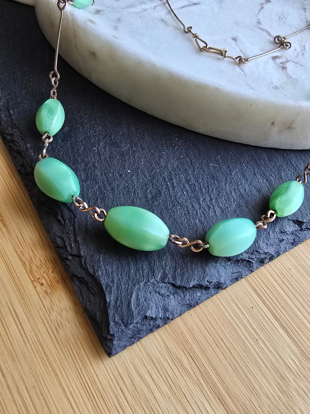 Antique Art Deco Green Satin Glass Bead Rolled Gold Wire Necklace