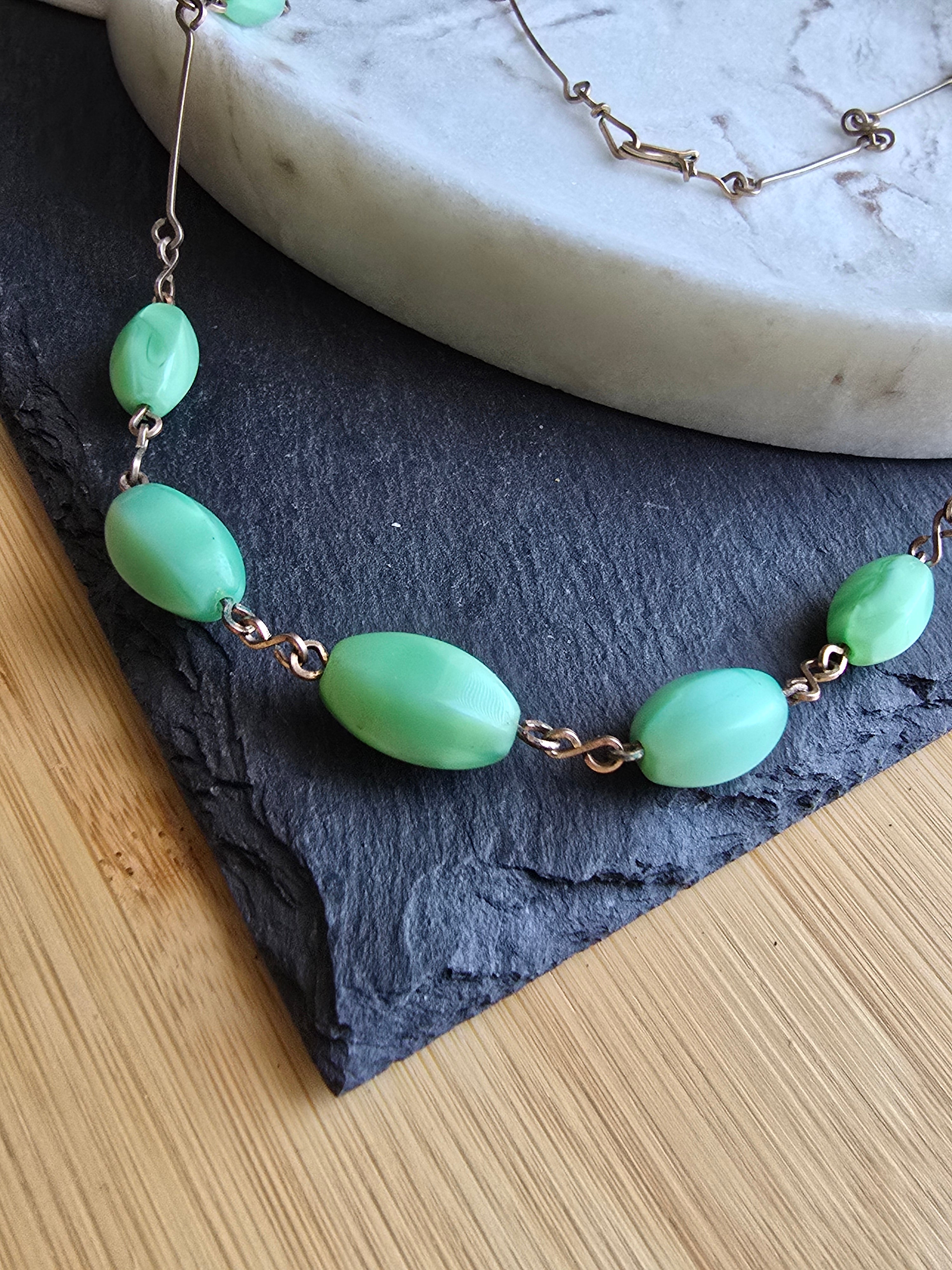 Antique Art Deco Green Satin Glass Bead Rolled Gold Wire Necklace