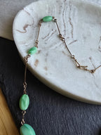 Antique Art Deco Green Satin Glass Bead Rolled Gold Wire Necklace