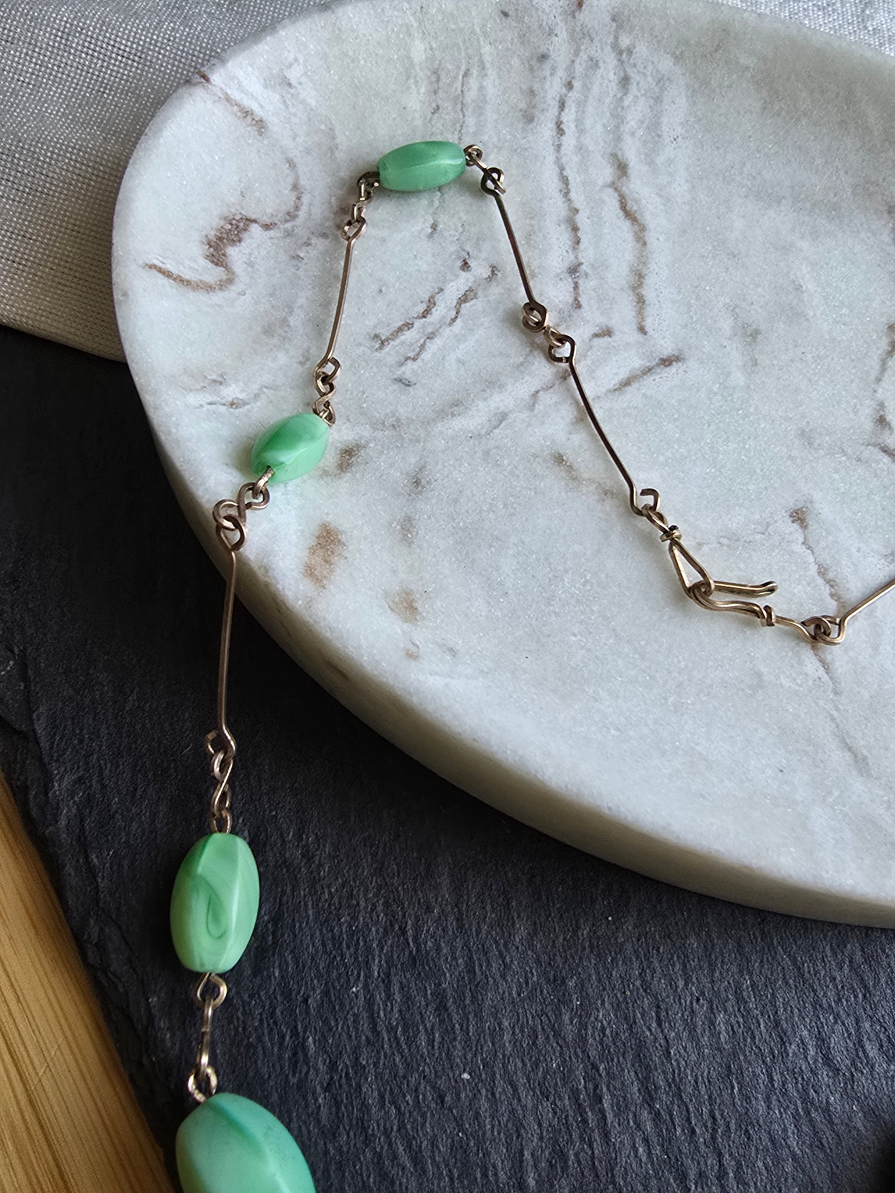 Antique Art Deco Green Satin Glass Bead Rolled Gold Wire Necklace