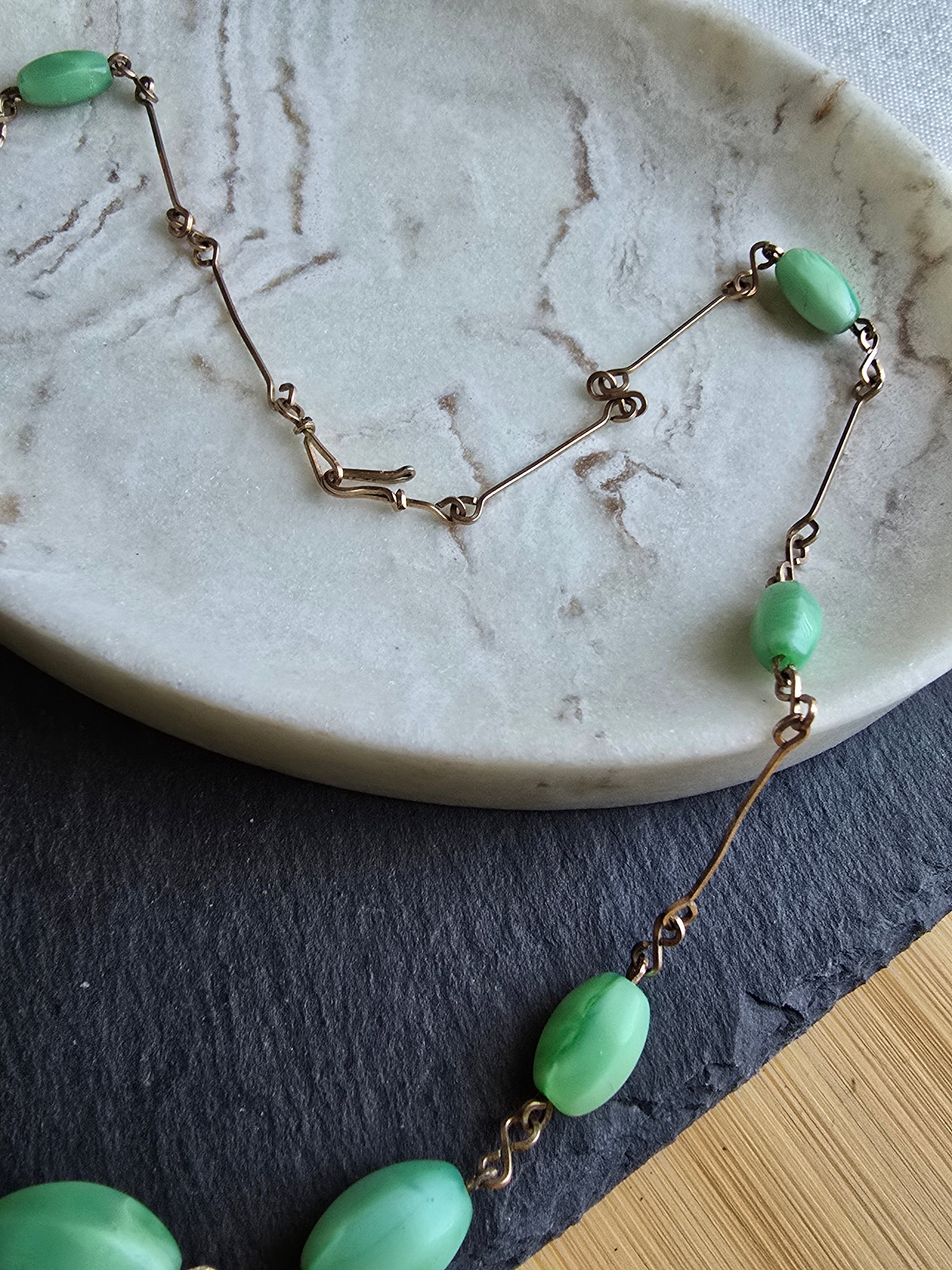 Antique Art Deco Green Satin Glass Bead Rolled Gold Wire Necklace
