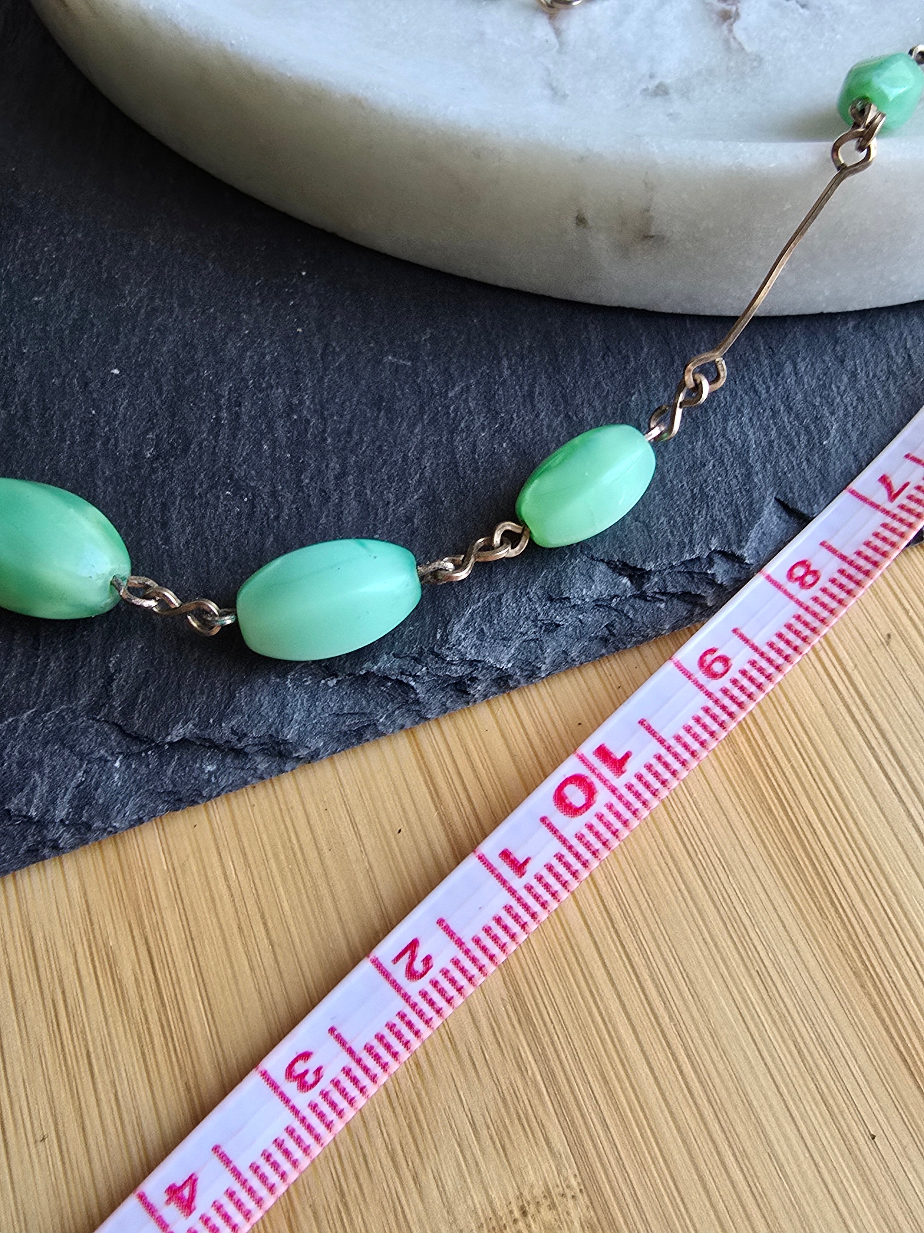 Antique Art Deco Green Satin Glass Bead Rolled Gold Wire Necklace