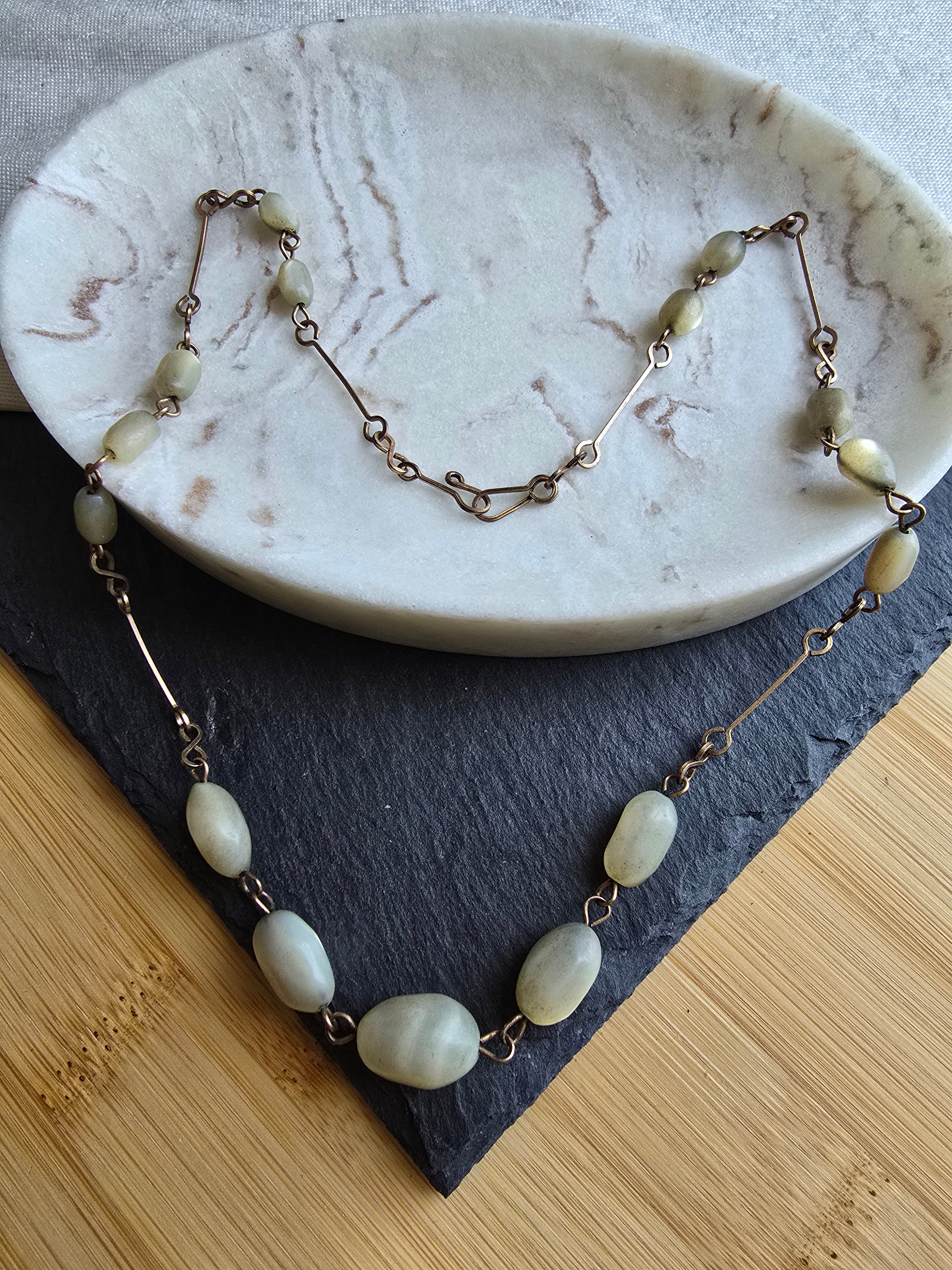 Antique Art Deco Hand Carved Mother of Pearl Rolled Gold Wire Necklace