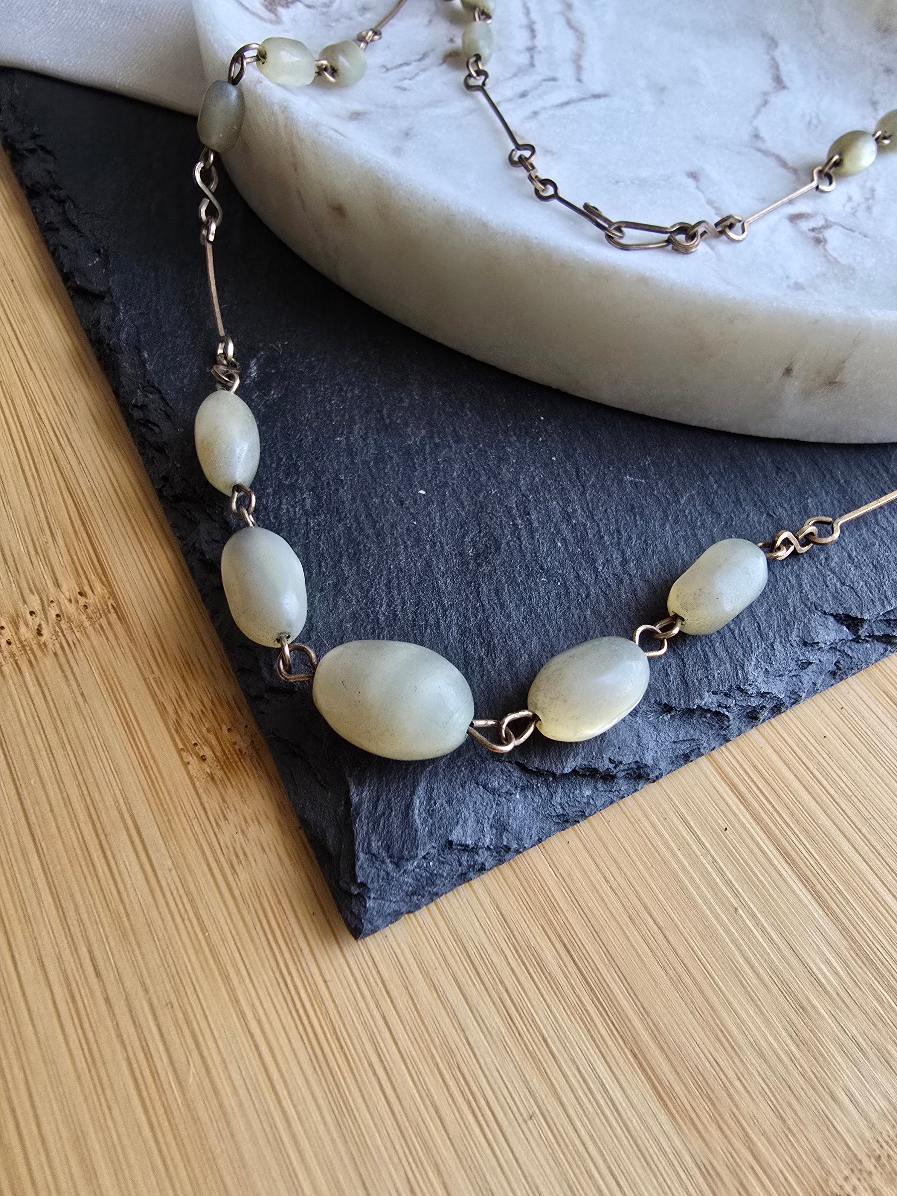 Antique Art Deco Hand Carved Mother of Pearl Rolled Gold Wire Necklace