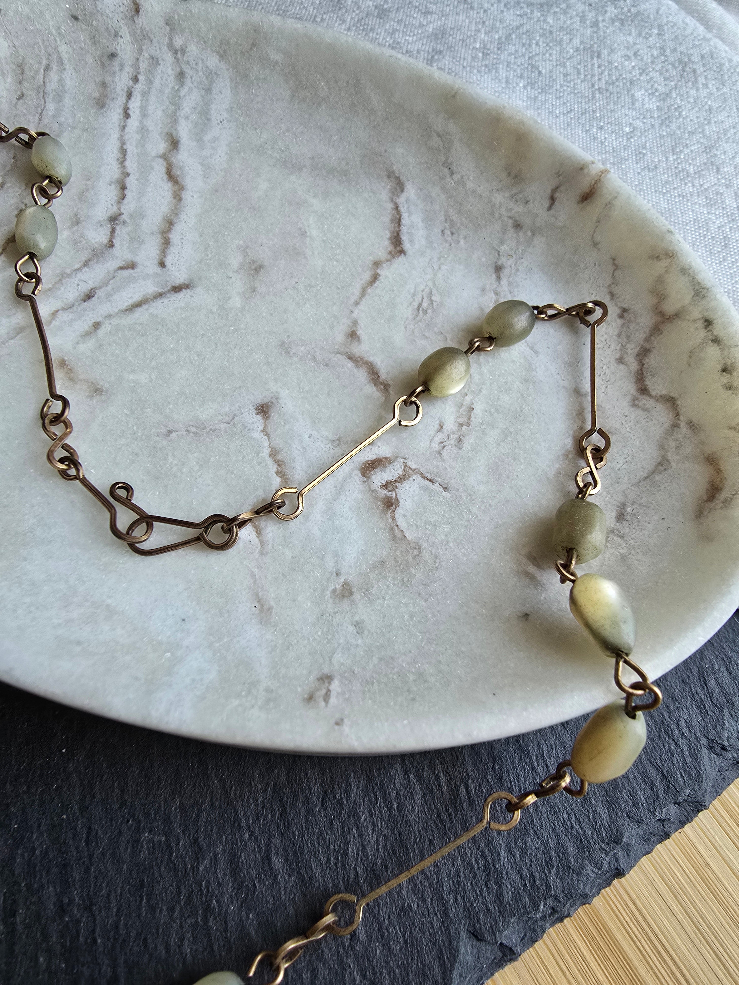 Antique Art Deco Hand Carved Mother of Pearl Rolled Gold Wire Necklace