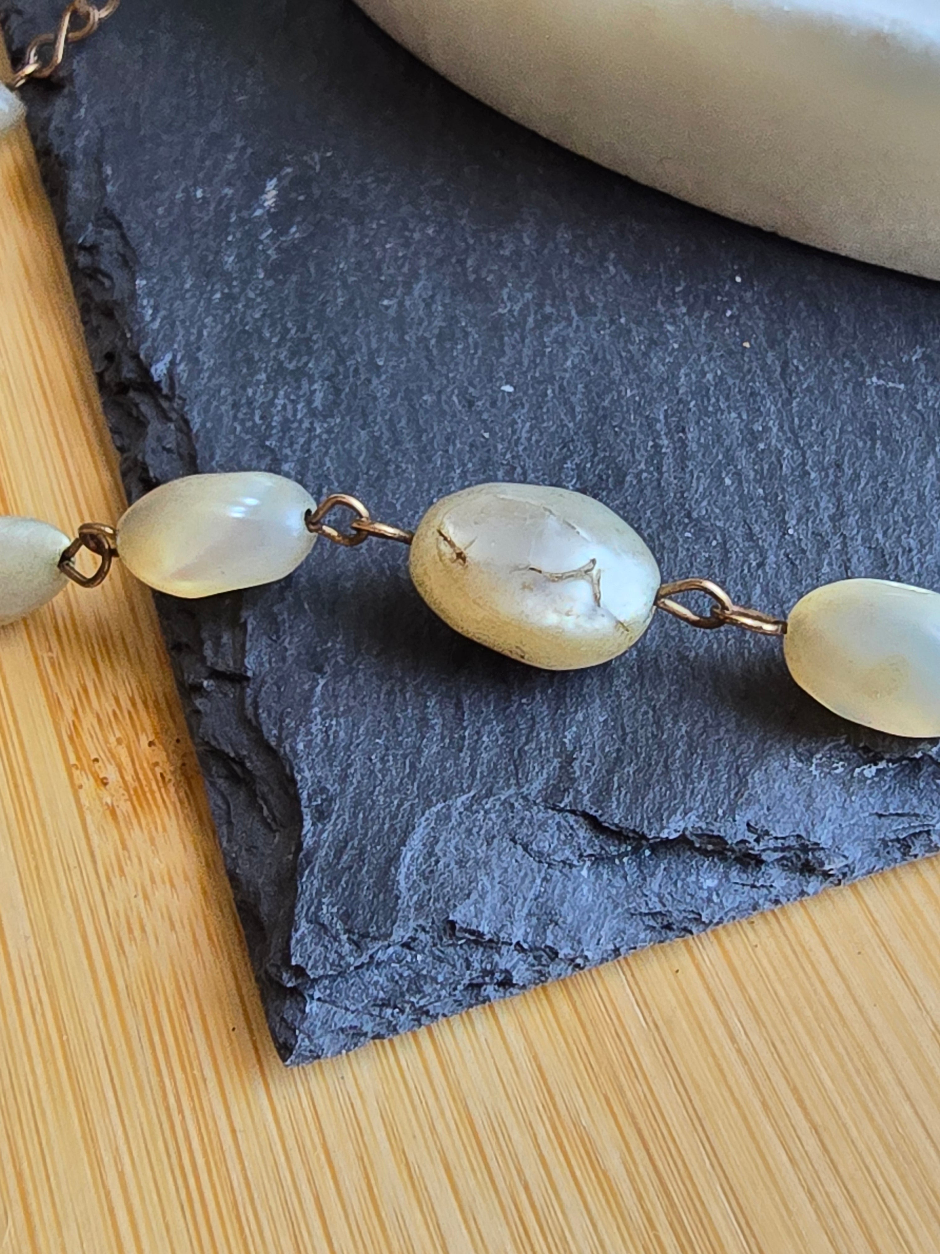 Antique Art Deco Hand Carved Mother of Pearl Rolled Gold Wire Necklace