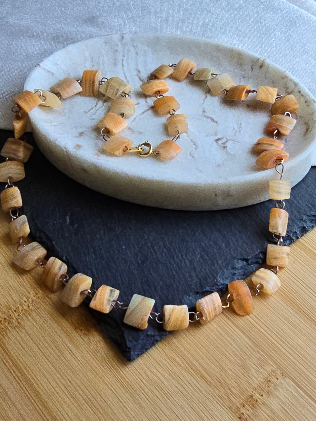 Vintage Yellow Agate Stone Slice Pale Gold Metal Necklace