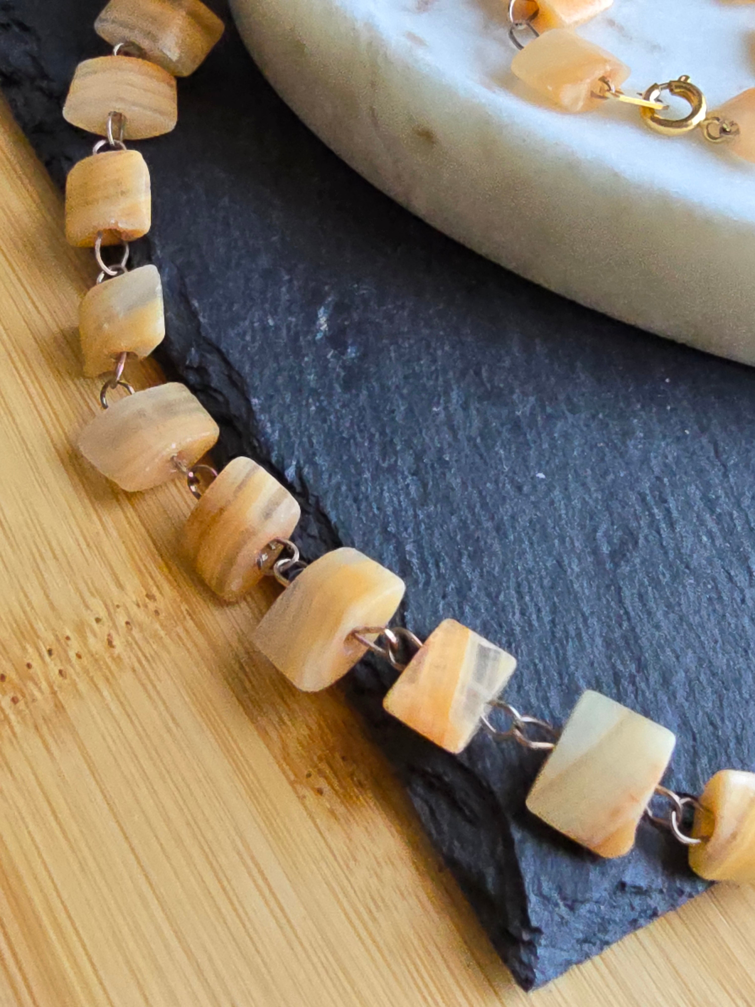Vintage Yellow Agate Stone Slice Pale Gold Metal Necklace