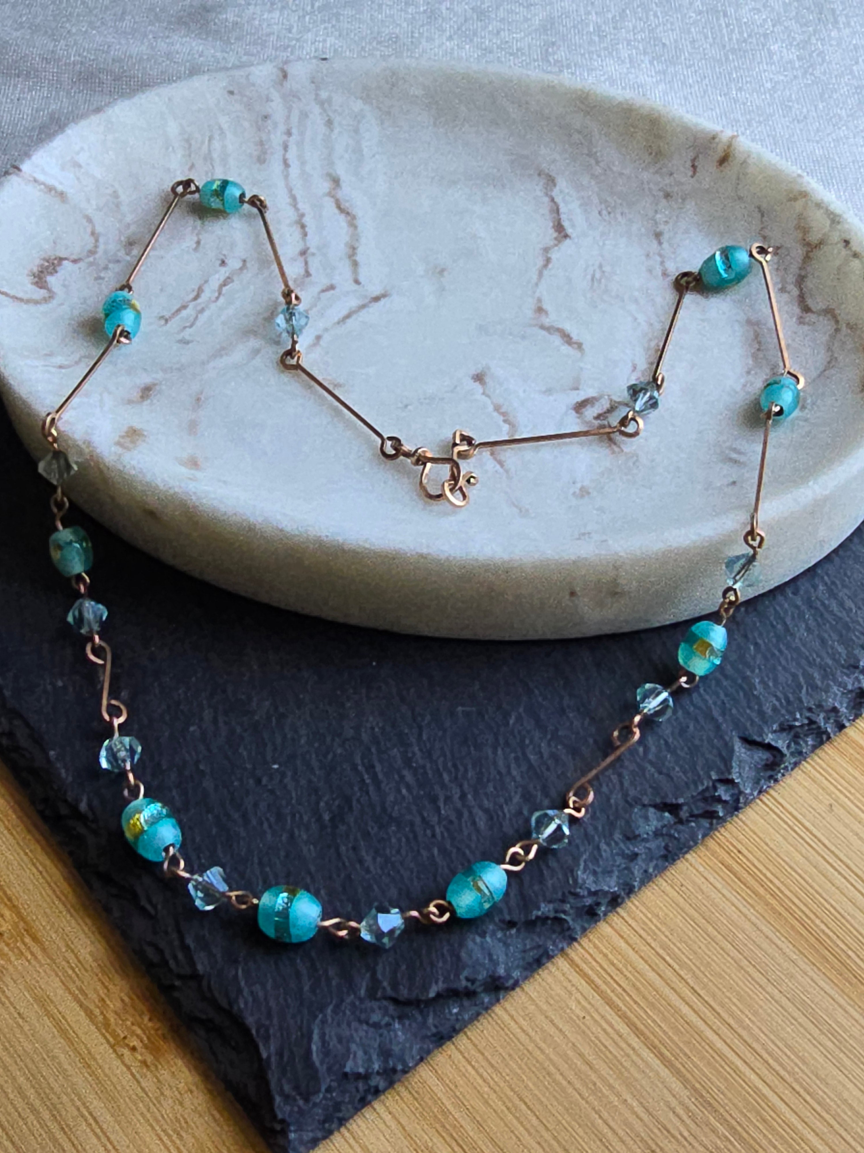 Antique Art Deco Dainty Foil Glass Bead Rolled Gold Wire Necklace