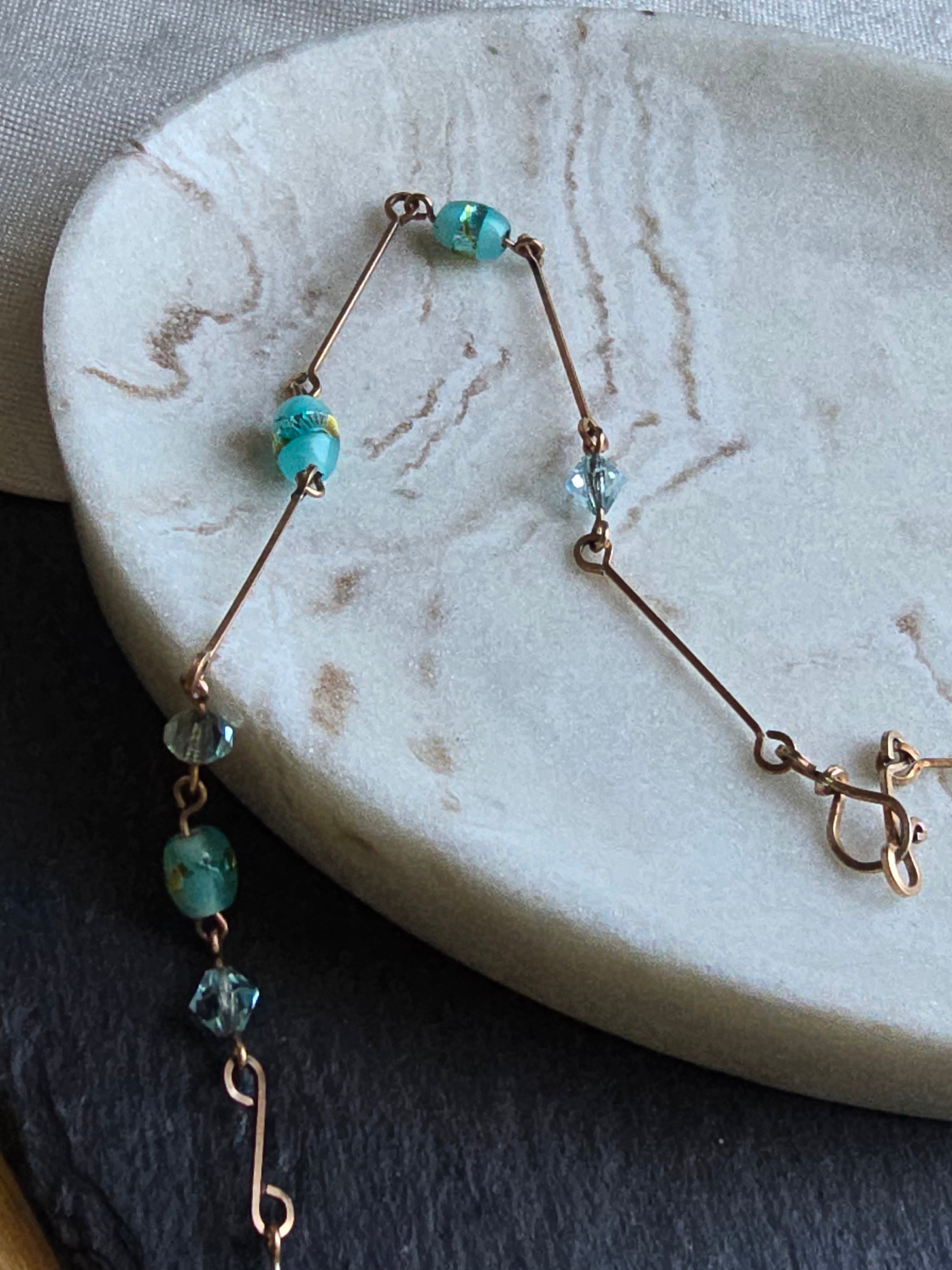 Antique Art Deco Dainty Foil Glass Bead Rolled Gold Wire Necklace