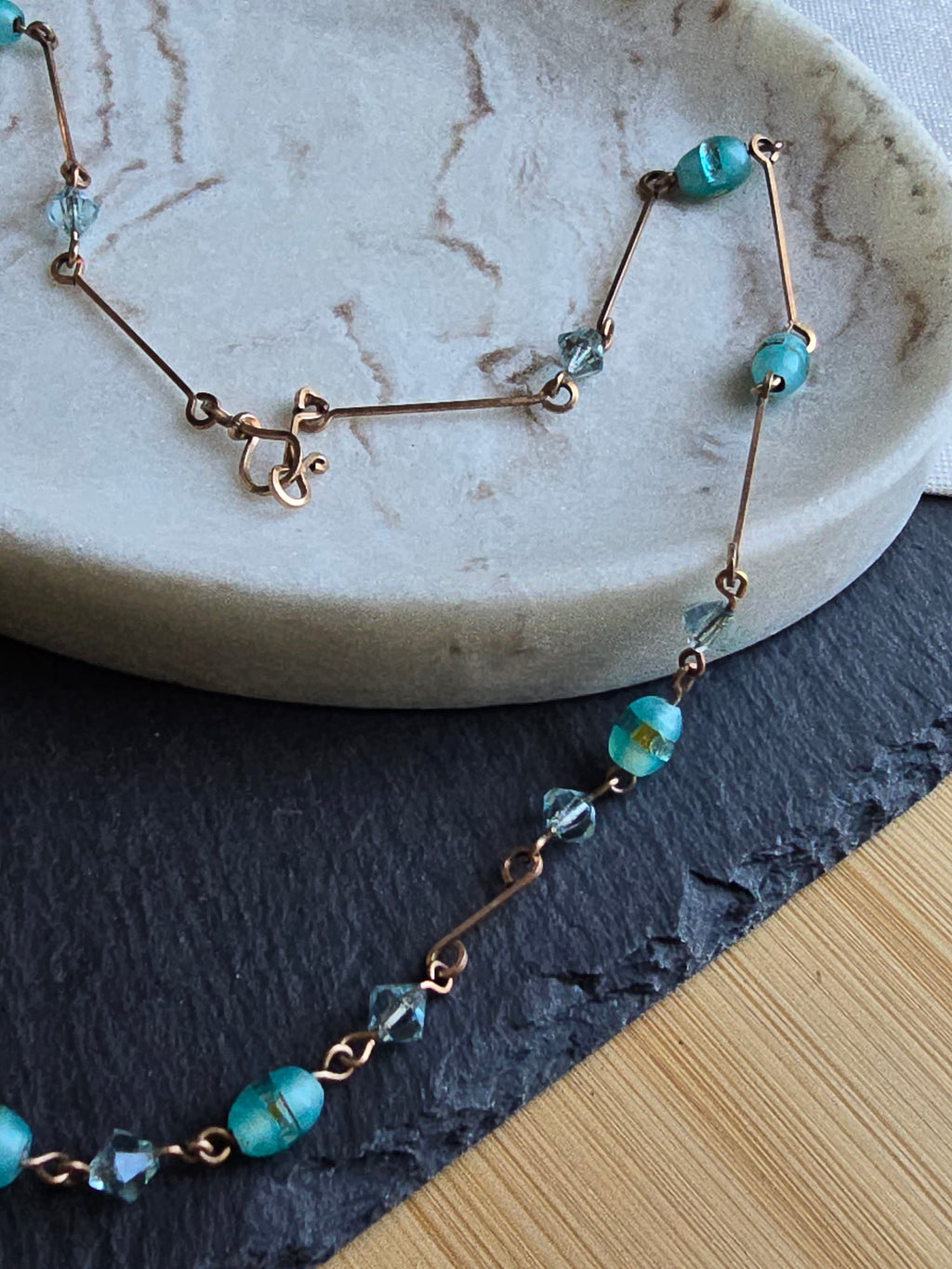 Antique Art Deco Dainty Foil Glass Bead Rolled Gold Wire Necklace