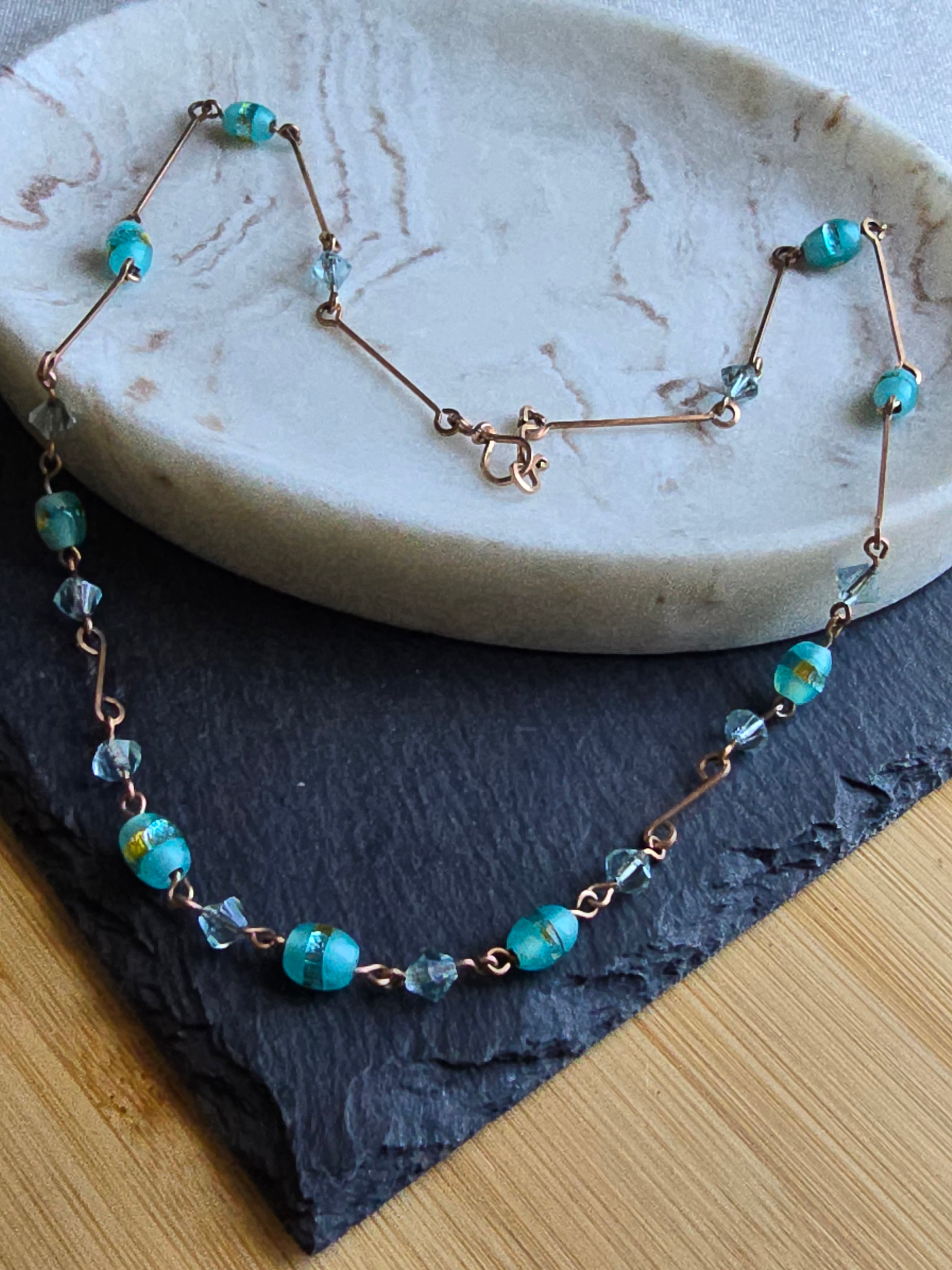 Antique Art Deco Dainty Foil Glass Bead Rolled Gold Wire Necklace