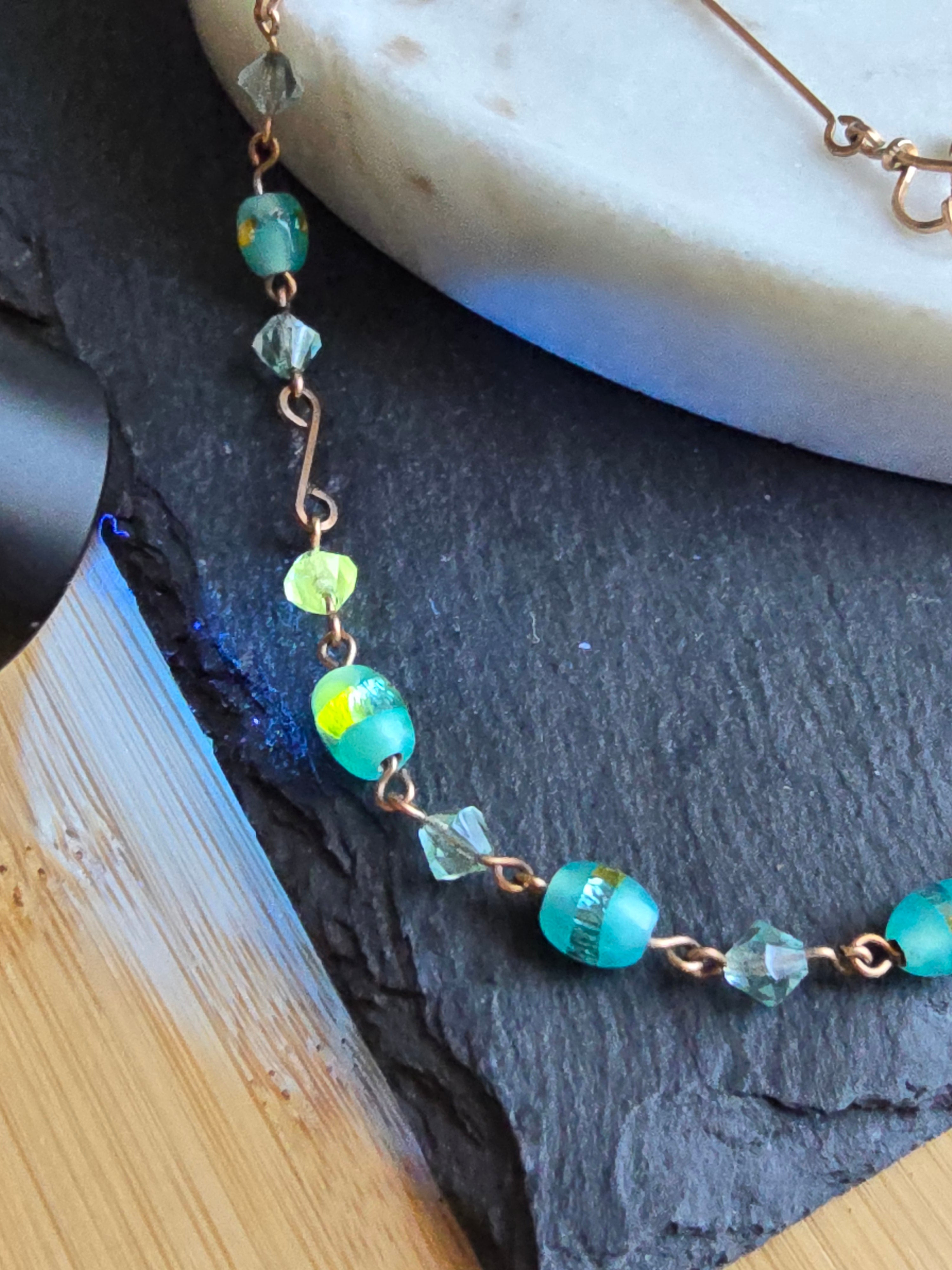 Antique Art Deco Dainty Foil Glass Bead Rolled Gold Wire Necklace