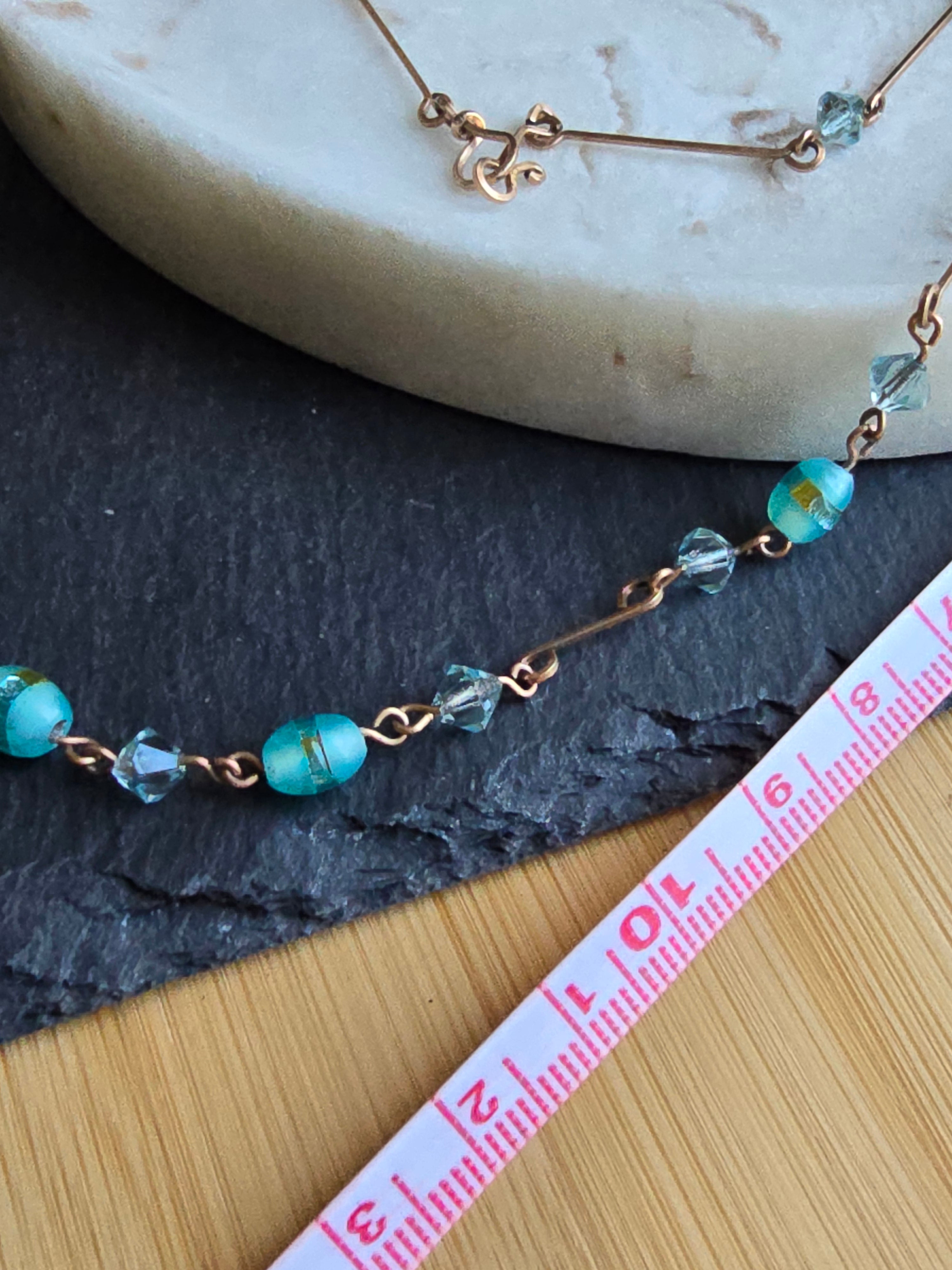 Antique Art Deco Dainty Foil Glass Bead Rolled Gold Wire Necklace