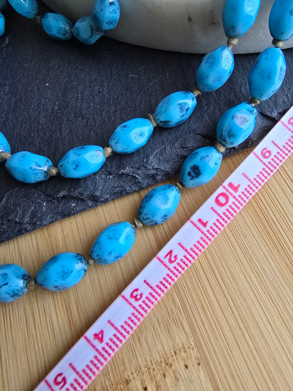 Antique Art Deco Long Speckled Black & Blue Knotted Glass Bead Necklace