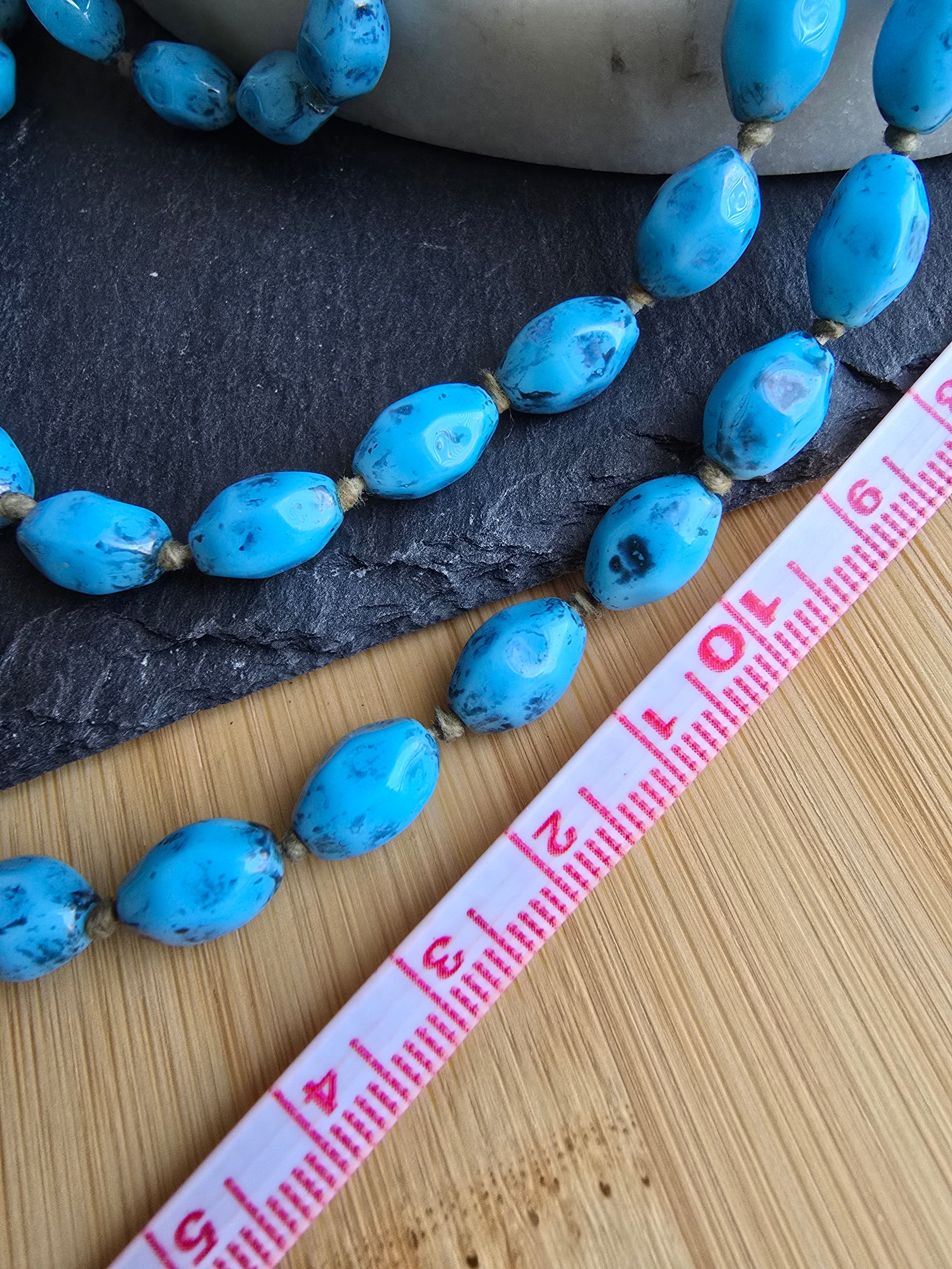 Antique Art Deco Long Speckled Black & Blue Knotted Glass Bead Necklace