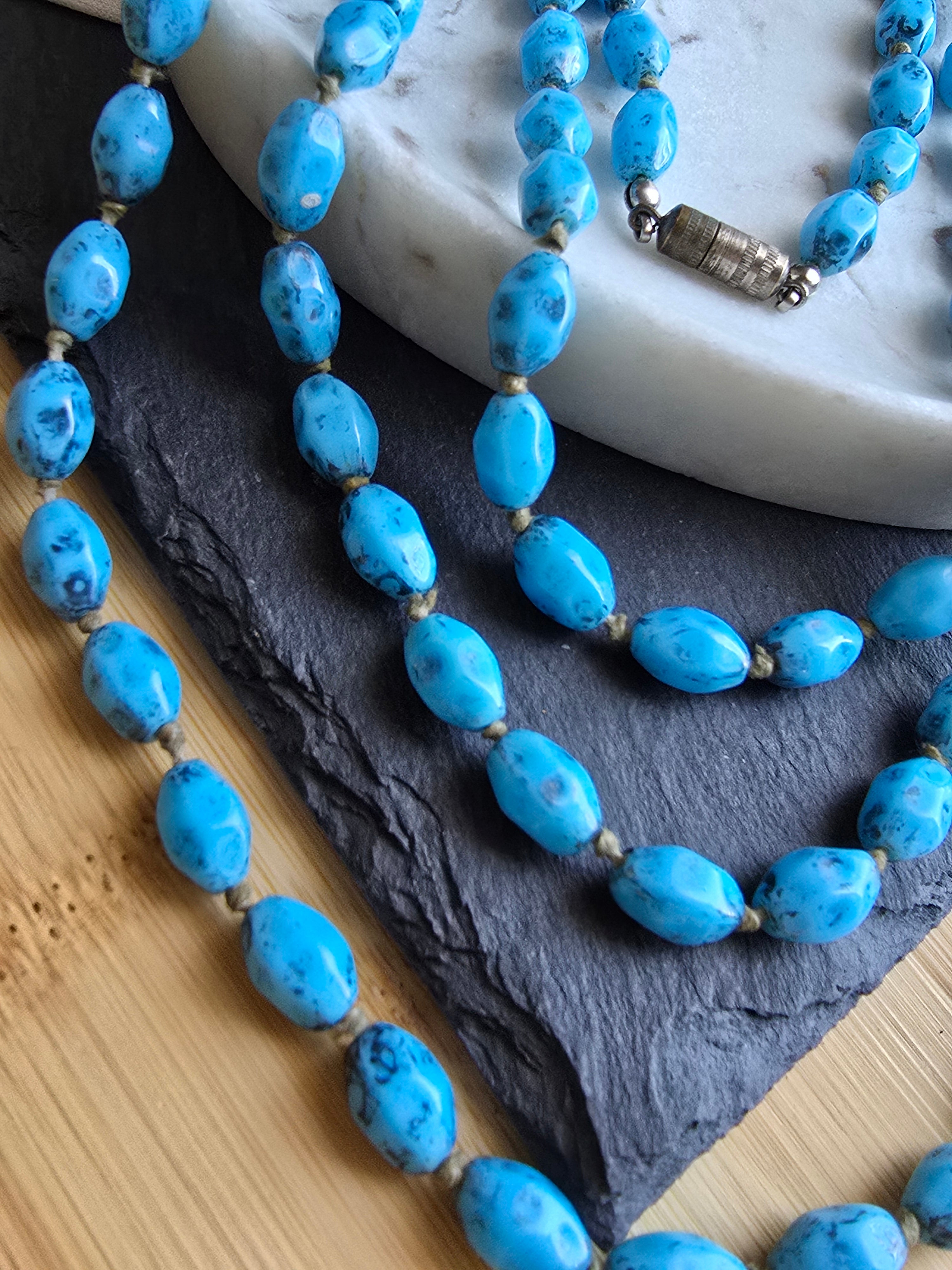 Antique Art Deco Long Speckled Black & Blue Knotted Glass Bead Necklace