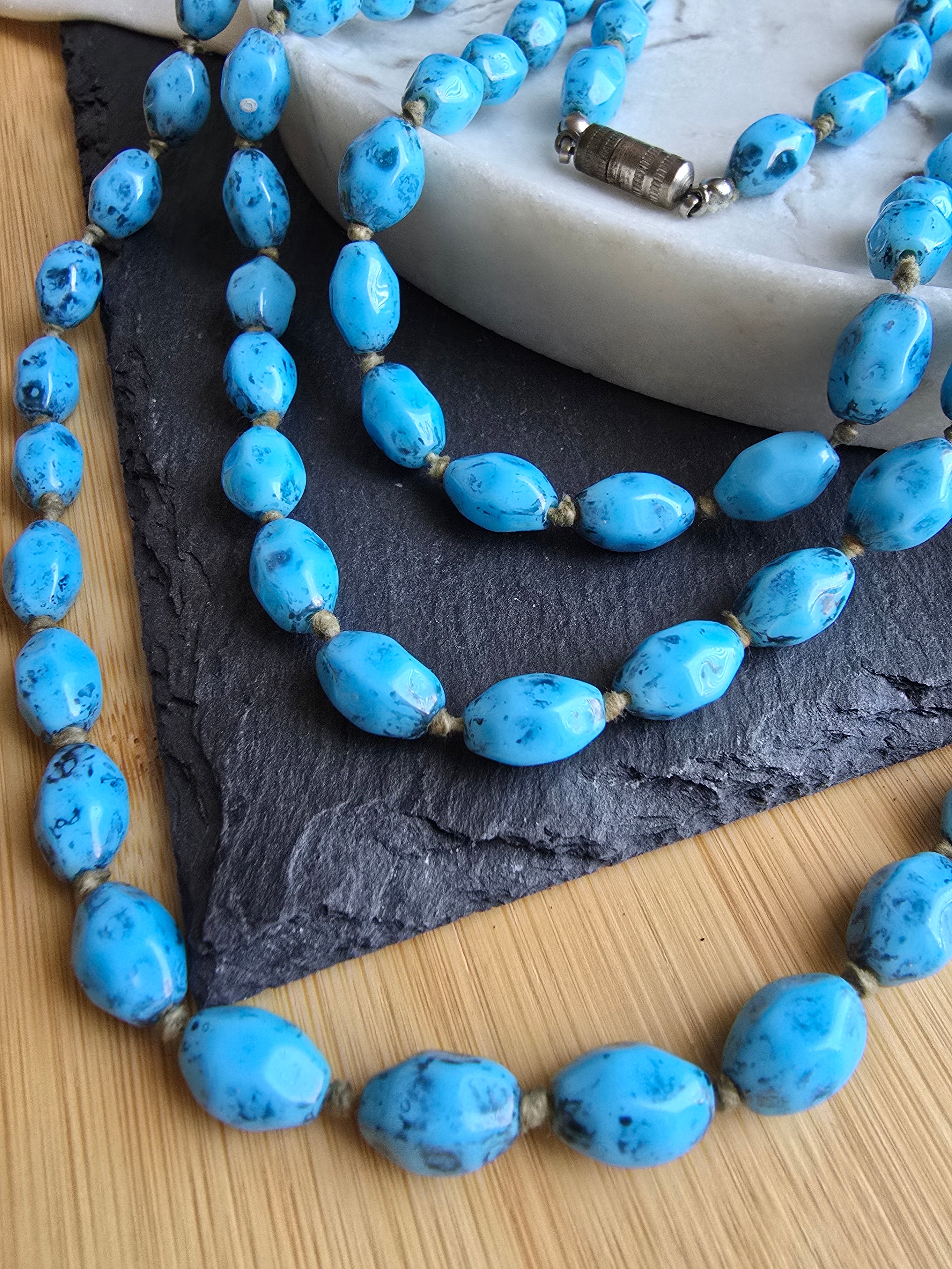 Antique Art Deco Long Speckled Black & Blue Knotted Glass Bead Necklace