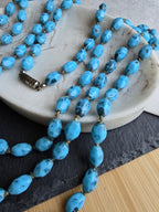 Antique Art Deco Long Speckled Black & Blue Knotted Glass Bead Necklace