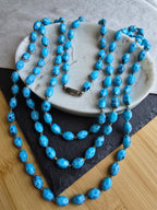 Antique Art Deco Long Speckled Black & Blue Knotted Glass Bead Necklace