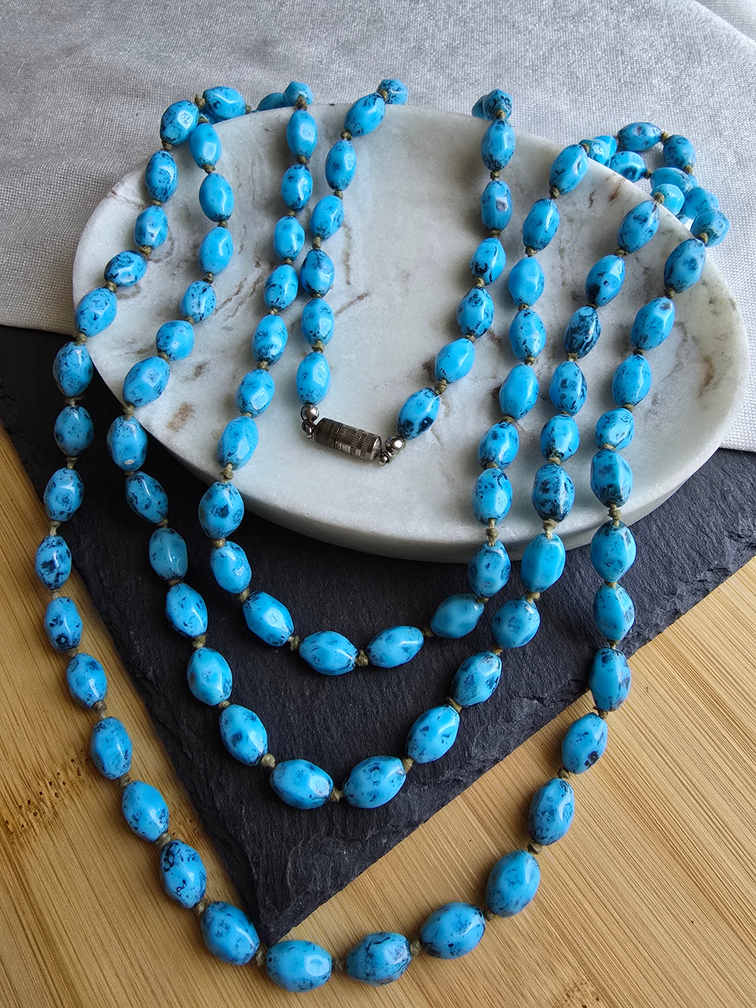 Antique Art Deco Long Speckled Black & Blue Knotted Glass Bead Necklace